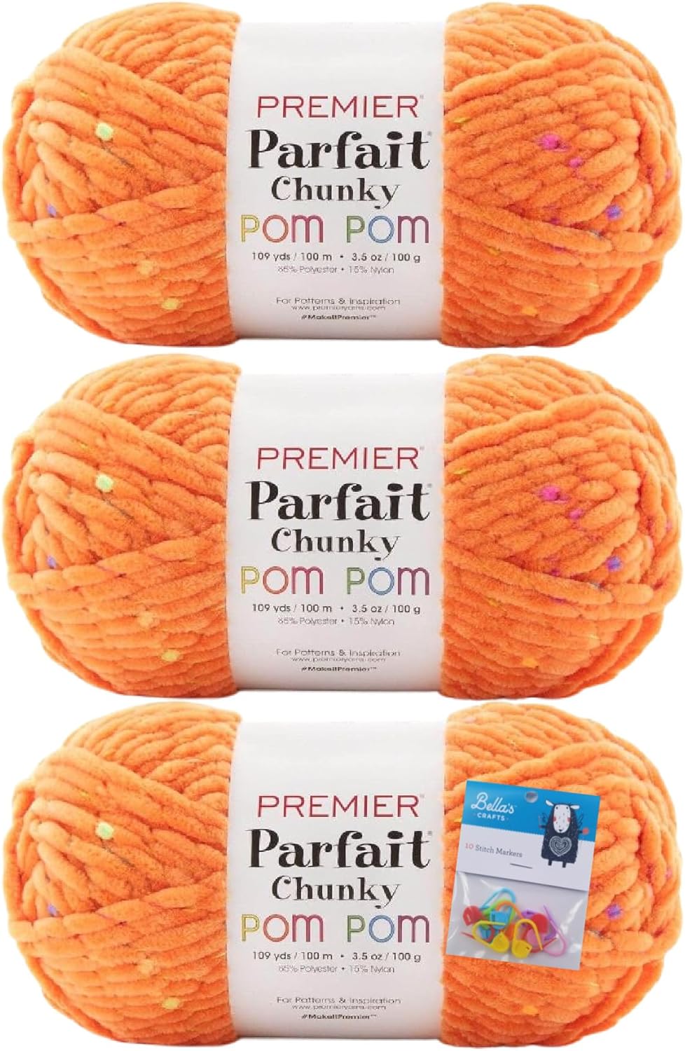Premier Yarns Parfait – Ovillo de pompón grueso, 3.5 onzas, #6 súper voluminoso, paquete de 3 unidades con marcadores de puntada Bella’s Crafts