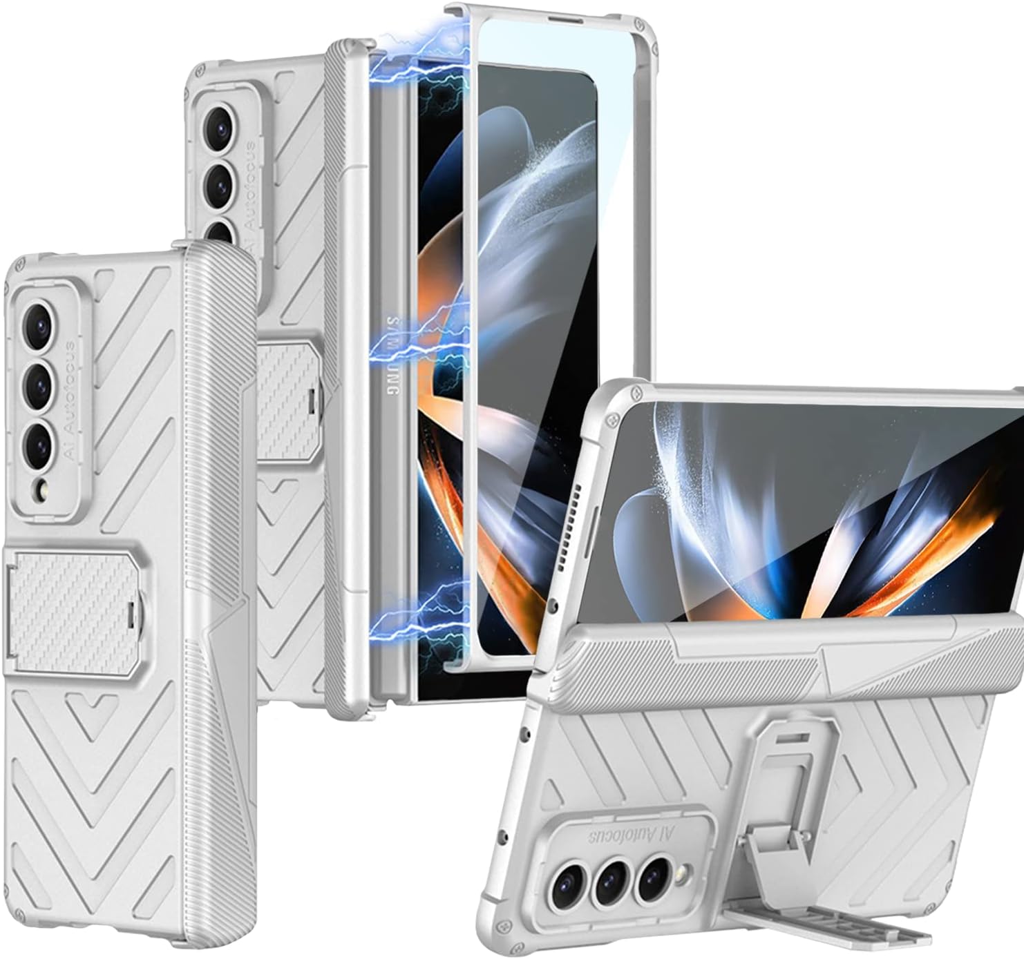 Miimall Funda compatible con Z Fold 4, funda Fold 4 con protección de bisagra, soporte ajustable, protector de pantalla de vidrio templado, funda