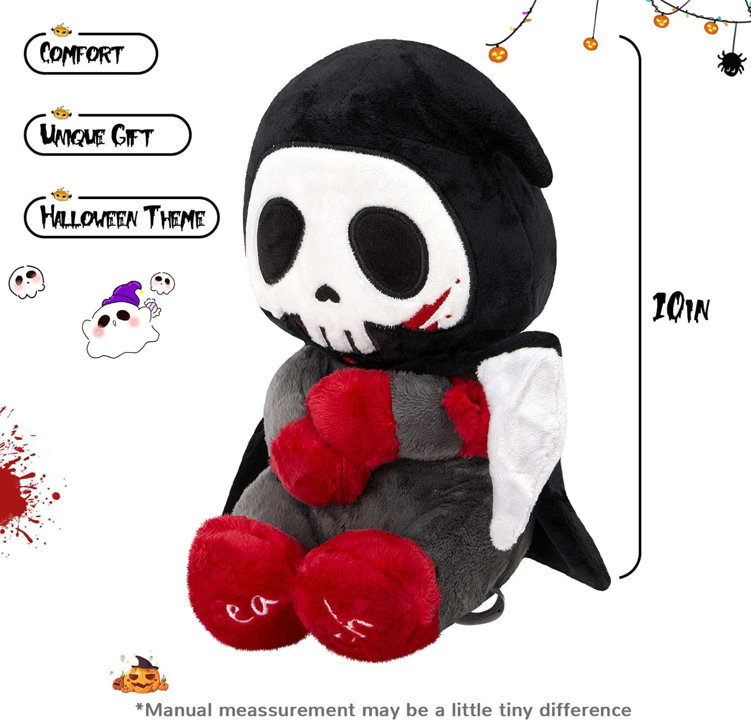 Otto Reaper – Juguete de peluche de 10 pulgadas, calavera de Halloween con capa negra y guadaña desmontable, divertida muñeca de Halloween, calavera