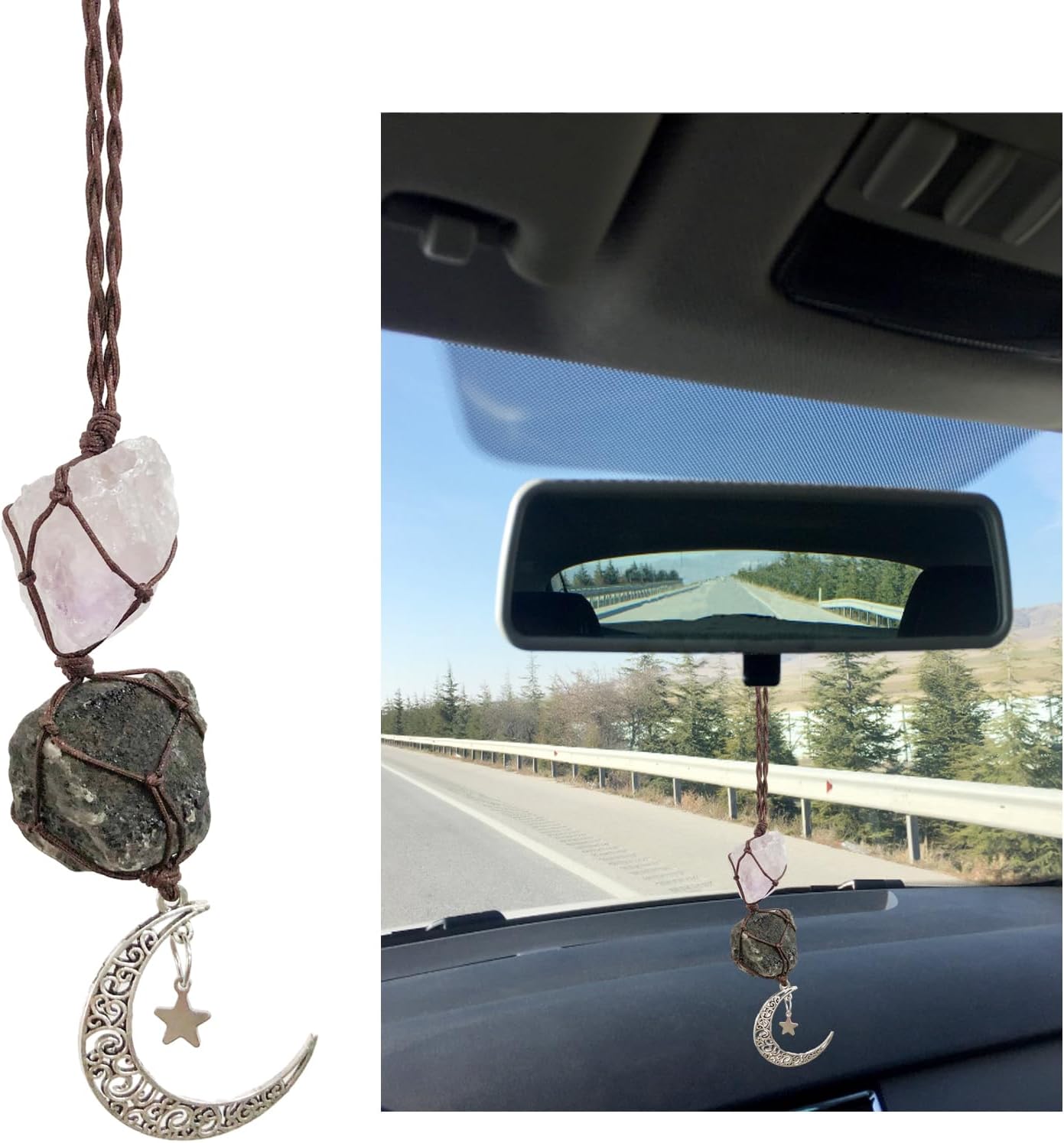 Dijes colgantes para automóvil, adorno de turmalina y calcita, accesorios interiores de espejo retrovisor de automóvil, decoración de luna hecha a