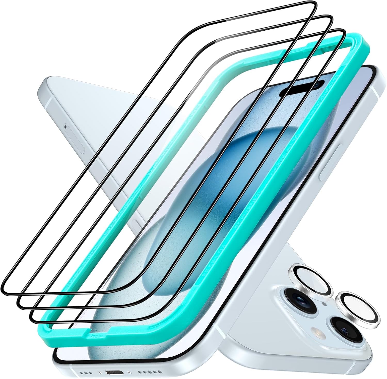 ESR Juego de 3+1 protector de pantalla Armorite para iPhone 15 Plus, vidrio templado ultra resistente, marco de fácil instalación, paquete de 3 con