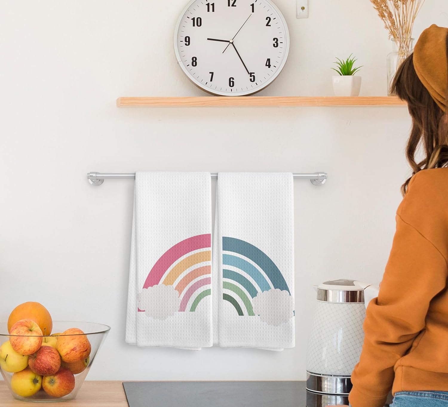 Juego de 2 paños de cocina y paños de cocina bohemios bohemios para cuarto de bebé, color rosa y azul, con estampado de nube arcoíris y azul,