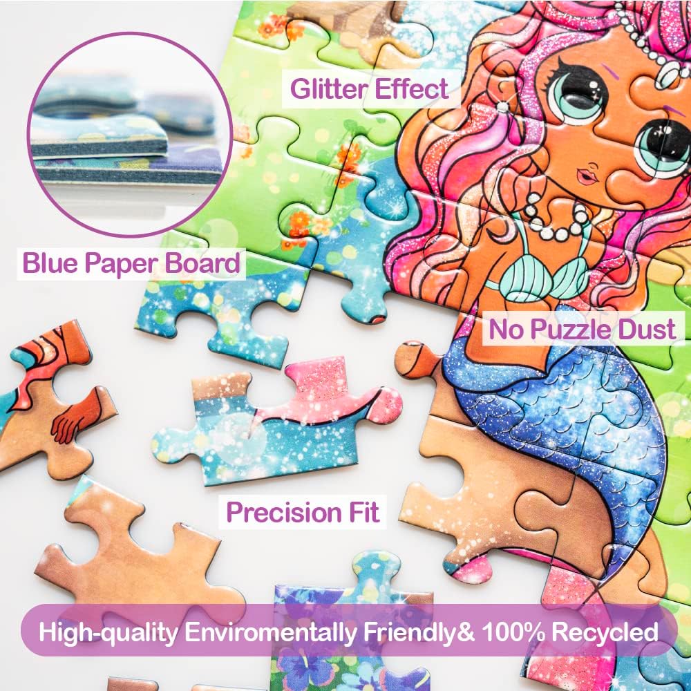 Marlo&Buzz – Rompecabezas con purpurina de 100 piezas rompecabezas de princesa unicornio y sirena diseñados para niños de 4 a 8 años. Piezas grandes