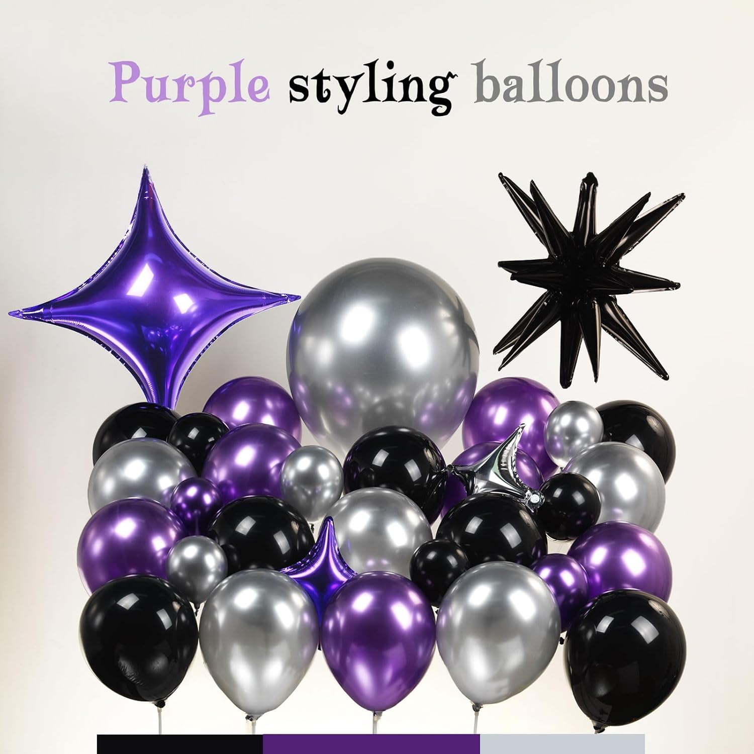 Kit de guirnalda de globos cromados, morados, negros y plateados, 126 piezas con globos de estrella grandes para mujer, aniversario de cumpleaños