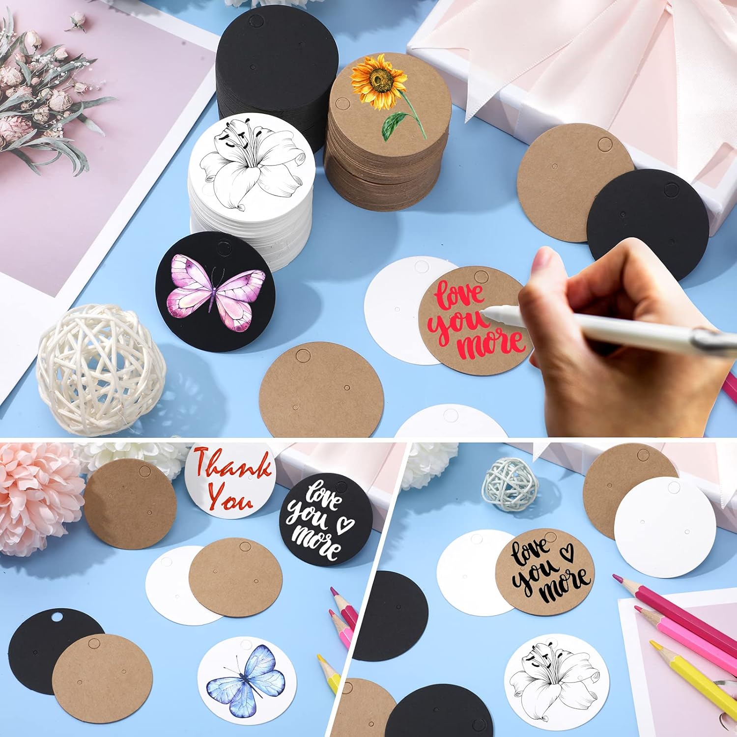 Juego de 600 tarjetas de exhibición de aretes, 300 tarjetas redondas de cartón para aretes con 300 bolsas autosellantes, 3 colores en blanco de