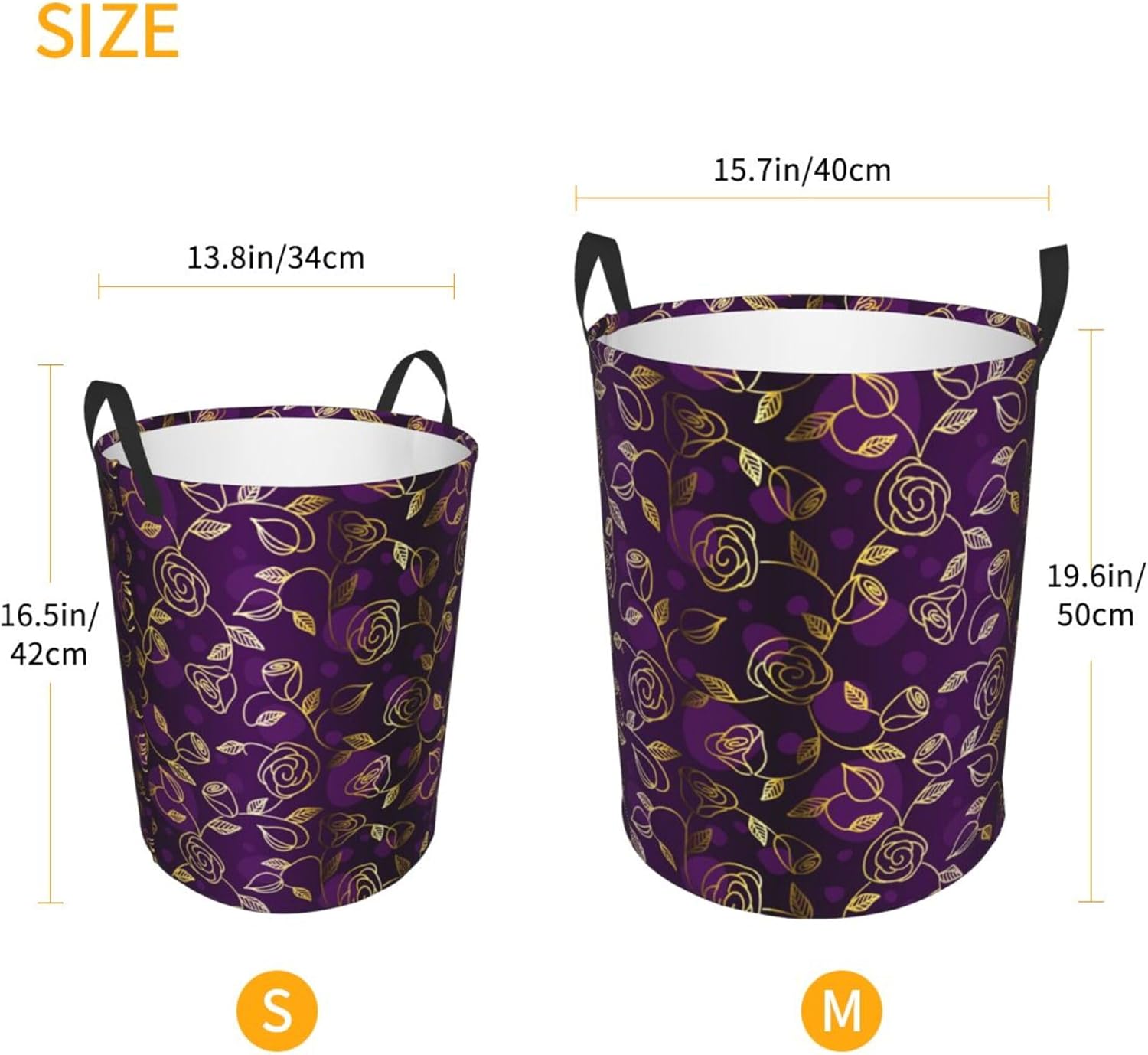 Cesta de lavandería con asas, para ropa sucia, juguetes, organiza almacenamiento, compatible con flores florales, moradas y doradas, cesta de