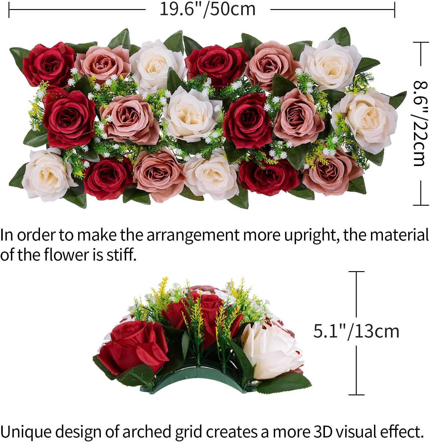 BLOSMON Flores artificiales para centros de mesa de boda, flores falsas, 2 piezas, color rubor borgoña y blanco, arreglo floral de seda, camino de