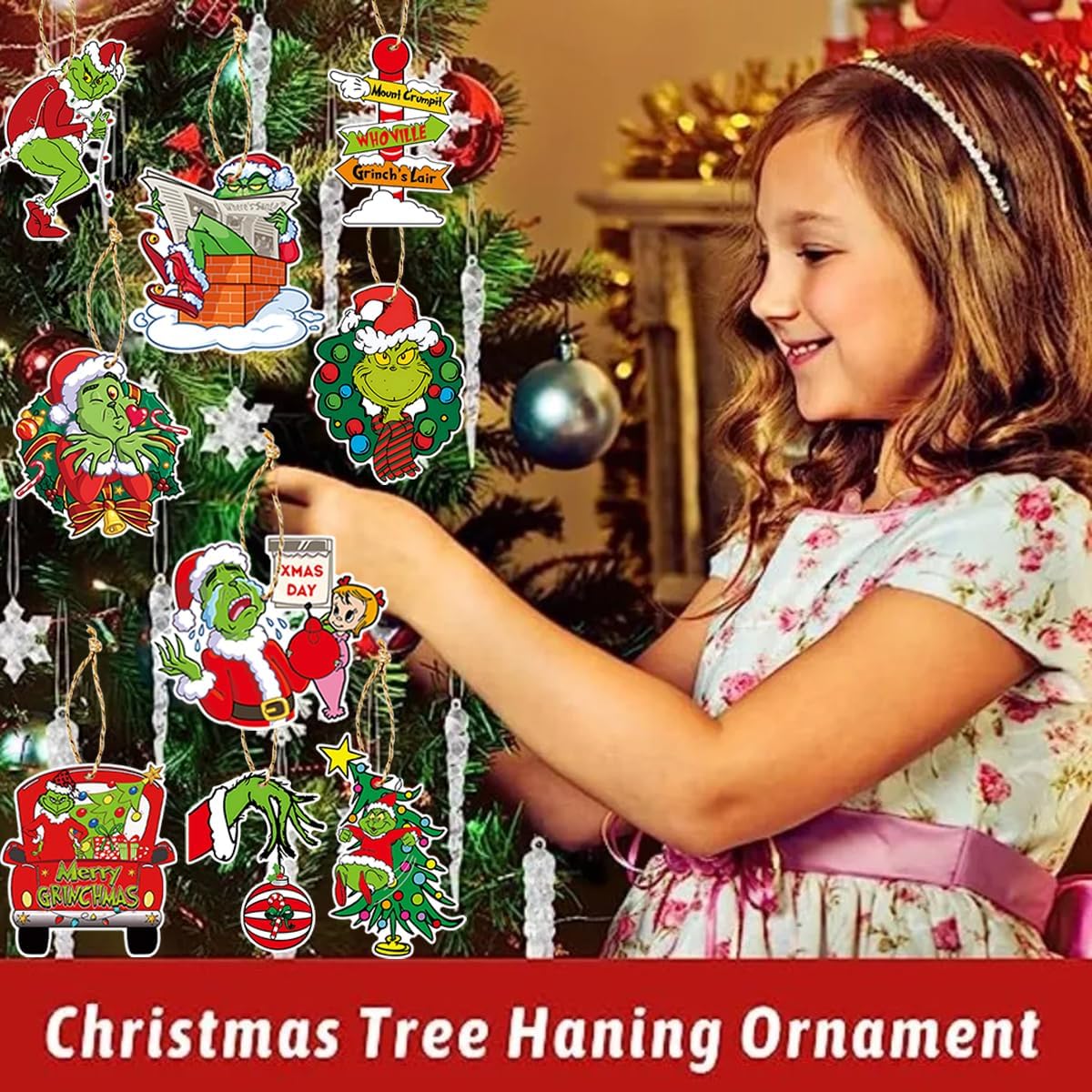24 piezas de decoración de árbol de Navidad de Grinch, adorno colgante para árbol de Navidad, monstruo verde, decoraciones de Navidad, decoración de