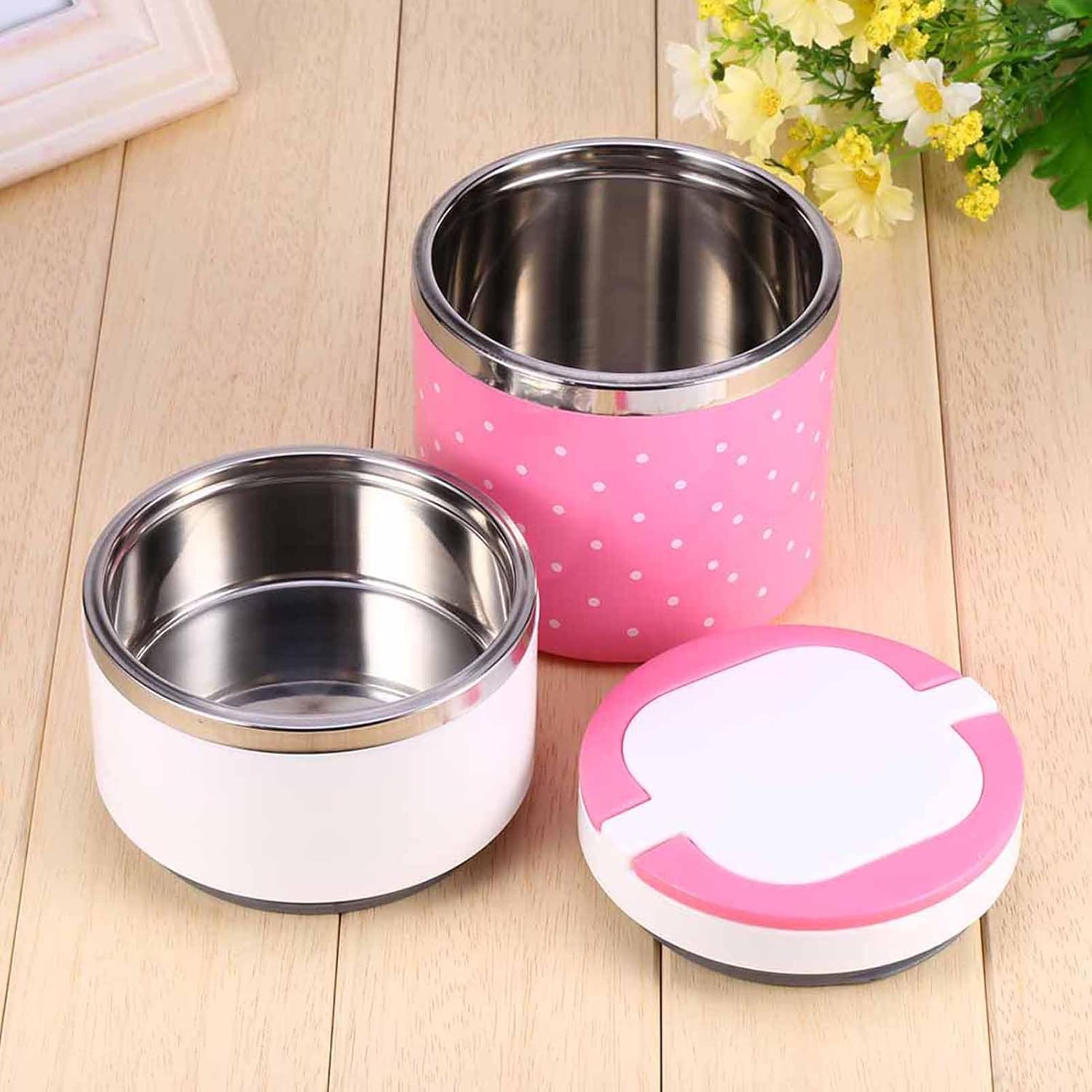 Aramox Lonchera térmica térmica de acero inoxidable de 2 capas, contenedor de alimentos con compartimento caliente, fiambrera Bento, lonchera
