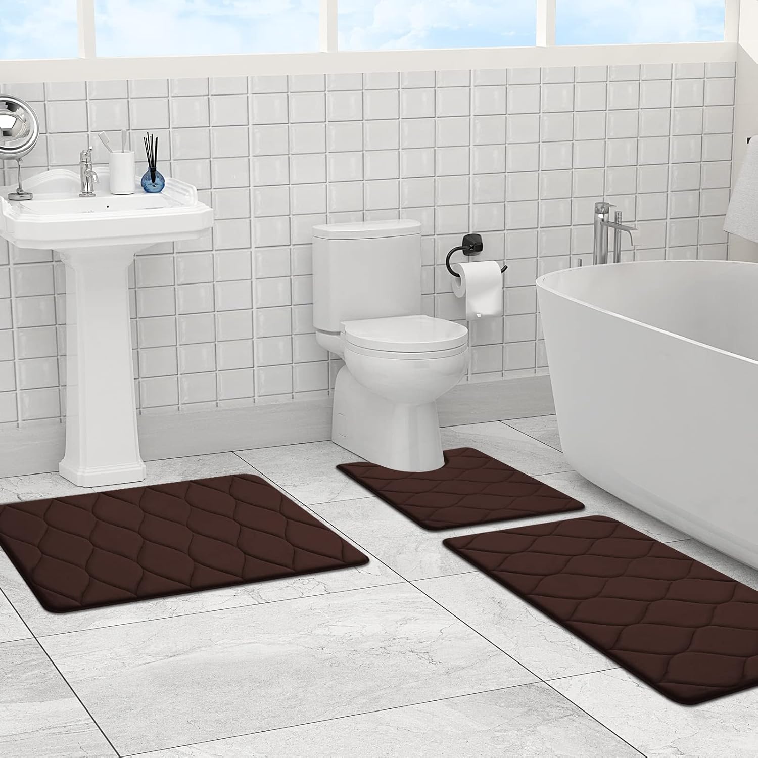 Colorxy Alfombras de baño de espuma viscoelástica, absorbentes de agua, supersuaves, antideslizantes, lavables, diseño de Ogee, juego de 3,