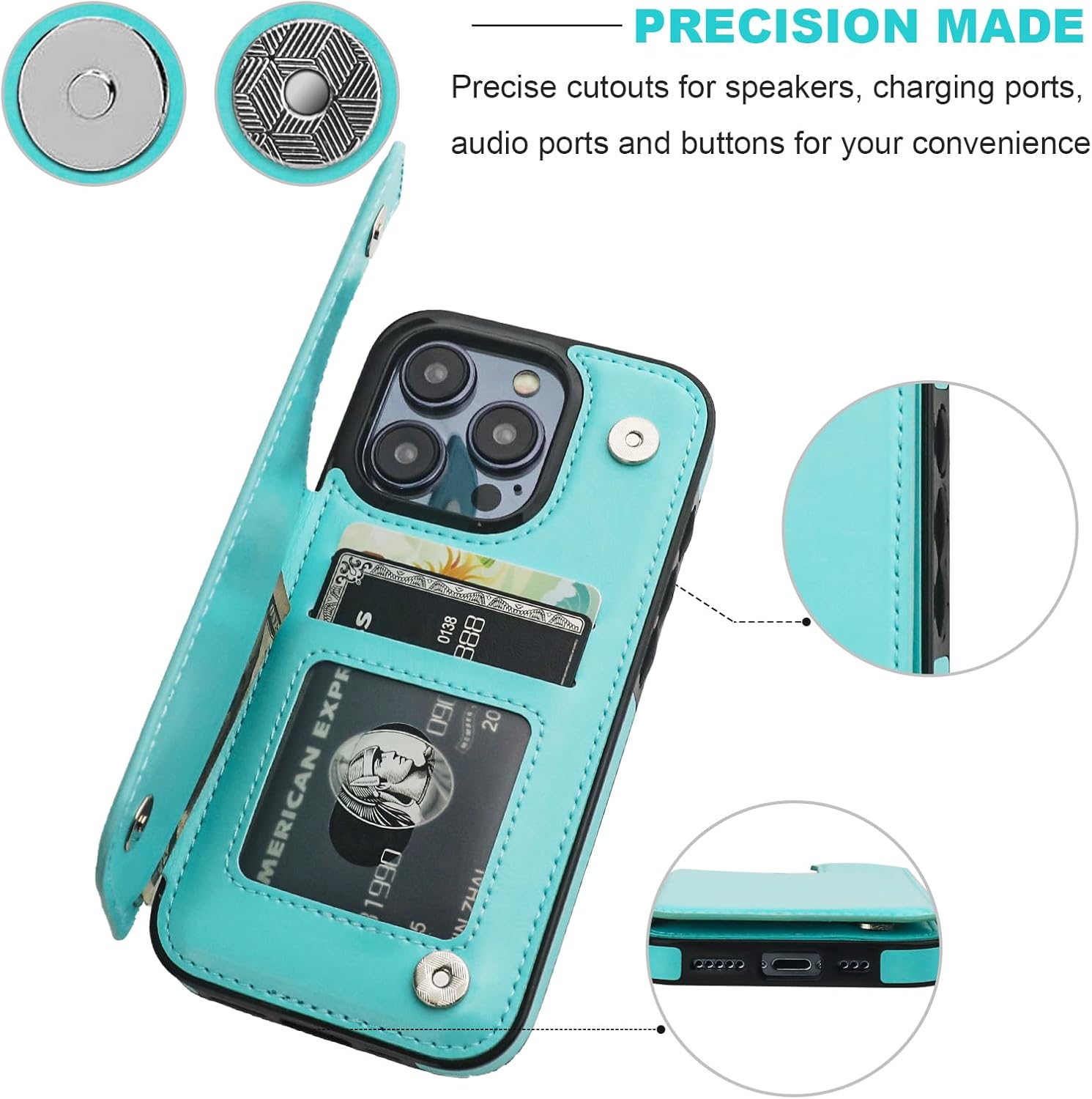 Funda tipo cartera compatible con iPhone 15 Pro con soporte para tarjetas, funda de piel sintética con ranuras para tarjetas, doble cierre magnético