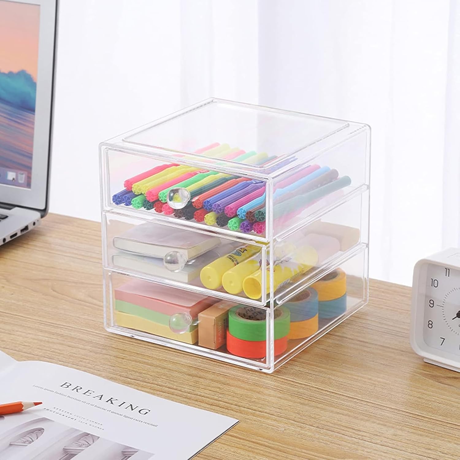 Caja organizadora de cajones de maquillaje con 3 cajones, vitrina de acrílico para cosméticos, organizador de tocador, caja de almacenamiento