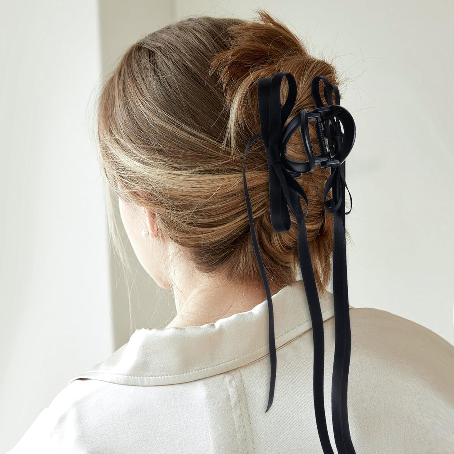 Zkptops 4 pinzas para el cabello con lazo para mujeres y niñas, con borlas de satén, bonitas, grandes, naturales, antideslizantes, color negro y