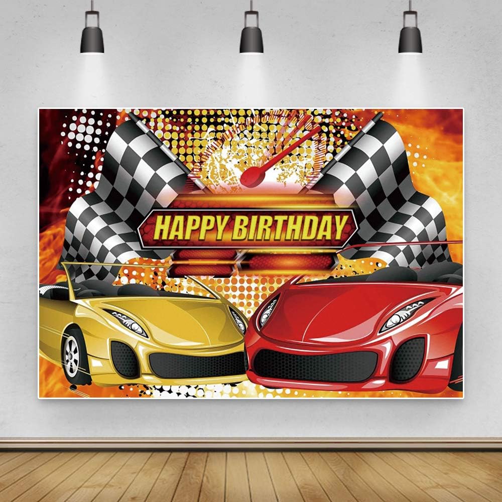 Yeele Telón de fondo con temática de coche de carreras de 5 x 4 pies, color rojo y amarillo, bandera de campeón de auto, fondo de fotografía para