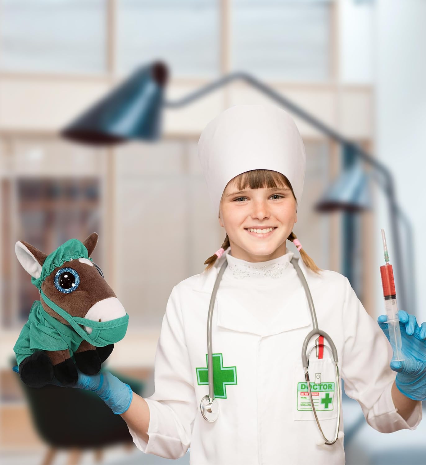 DolliBu Caballo grande  Juguete de peluche de Doctor de ojos brillantes  Disfraz de médico de caballo súper suave con uniforme médico y traje de