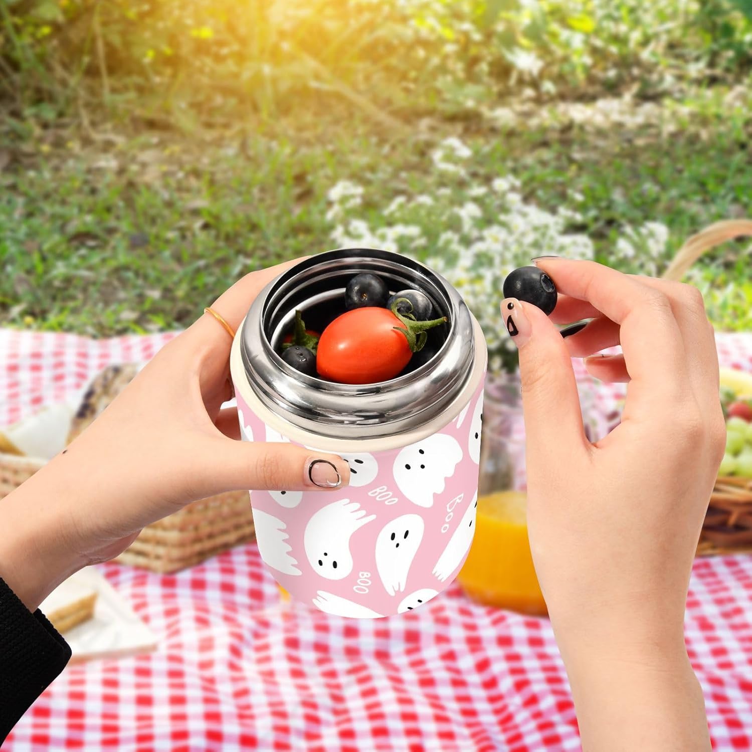 Tarro de comida sellado con cuchara plegable, lonchera de acero inoxidable aislado al vacío para alimentos calientes y fríos, fantasma rosa, boca