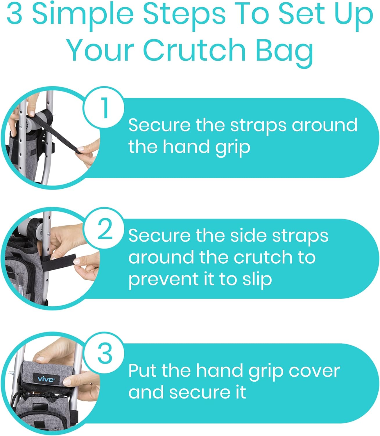 Vive Bolsa de accesorios para muletas y cojines de agarre de mano, bolsa premium resistente al agua para muletas, con soporte para bebidas, 3