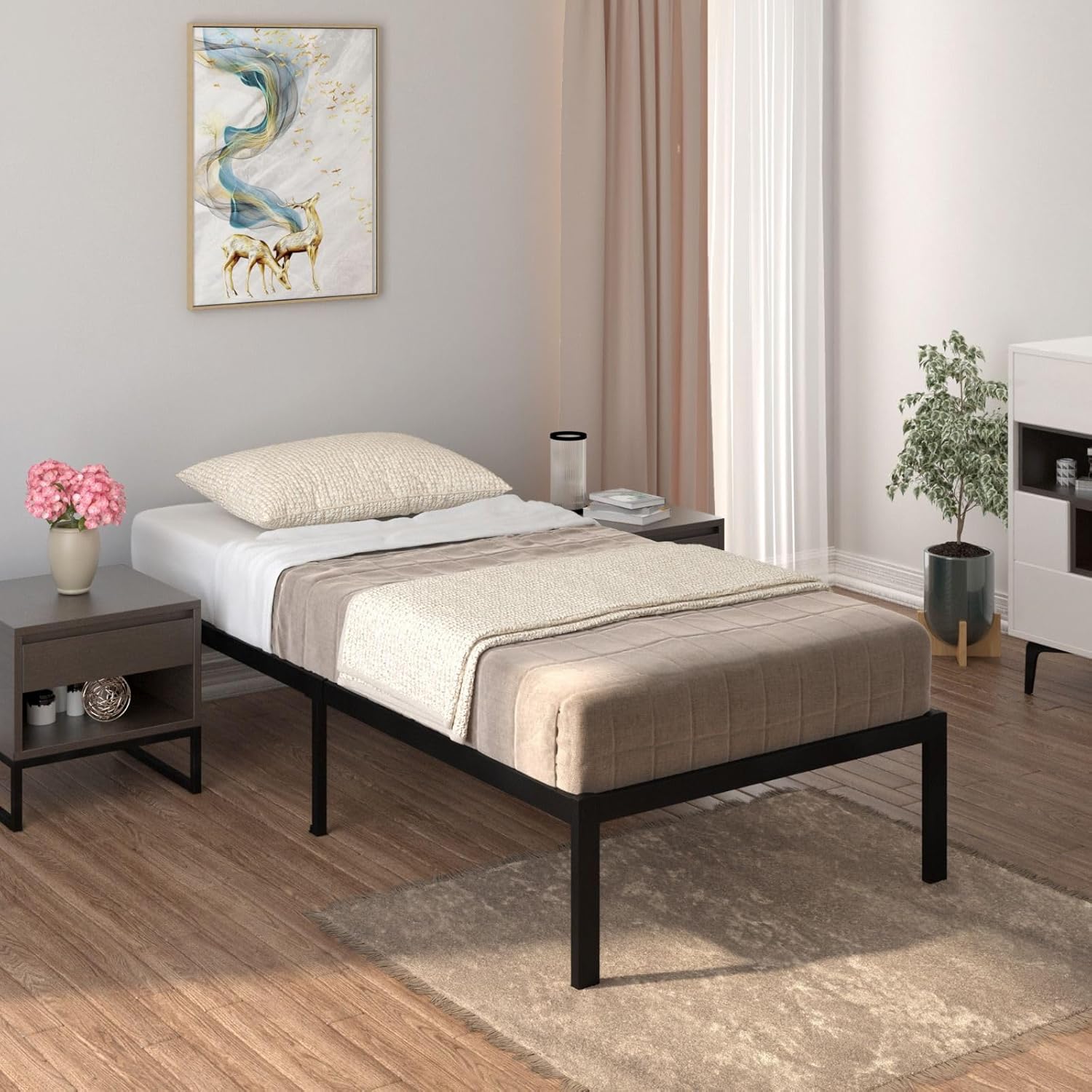 CastleBeds – Marco de cama minimalista de hierro negro tamaño individual con cabecero y barra forjada, base de plataforma de metal de acero