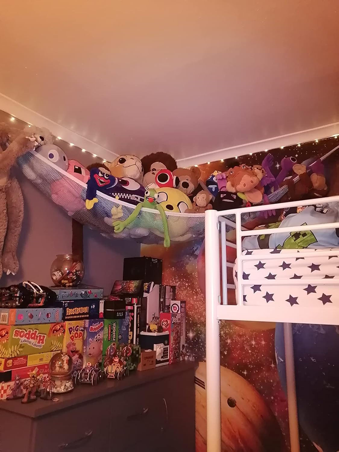 Hamaca de animales de peluche, hamaca de juguete de esquina gigante Huijukon con red de almacenamiento de juguetes, organizador para animales de