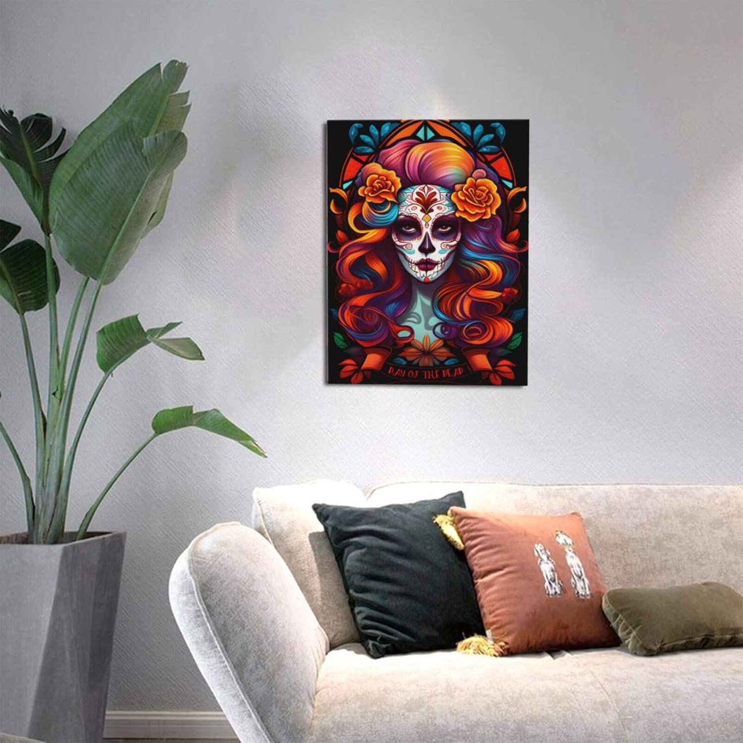 WEASYYDS Lienzo decorativo para pared, diseño de calavera de azúcar con vitrales naranjas, decoraciones espeluznantes de Halloween, regalo de obras