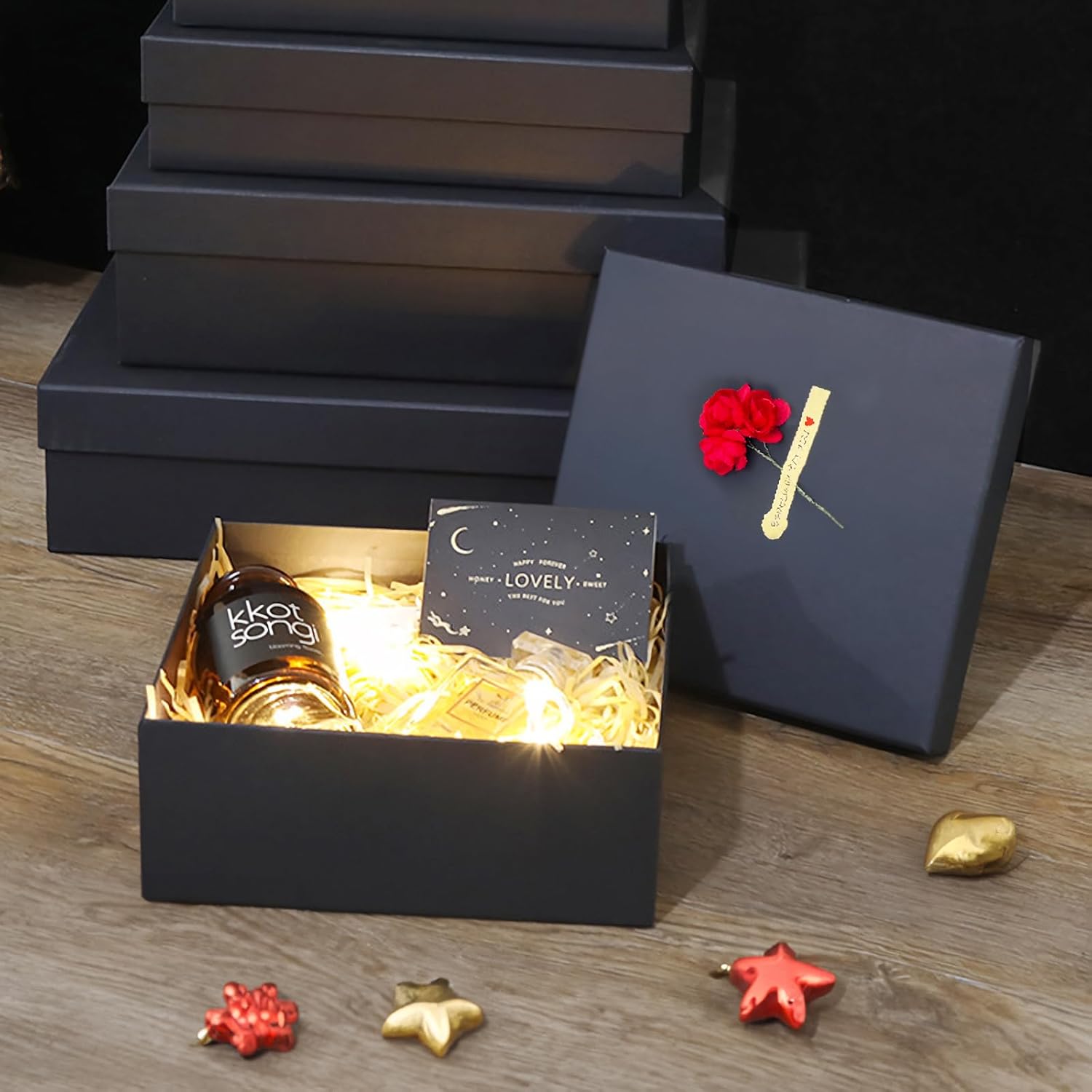 Cajas de regalo negras, un juego de 5 cajas de regalo con tapas para regalos, cajas preenvueltas para regalos, caja de regalo resistente para