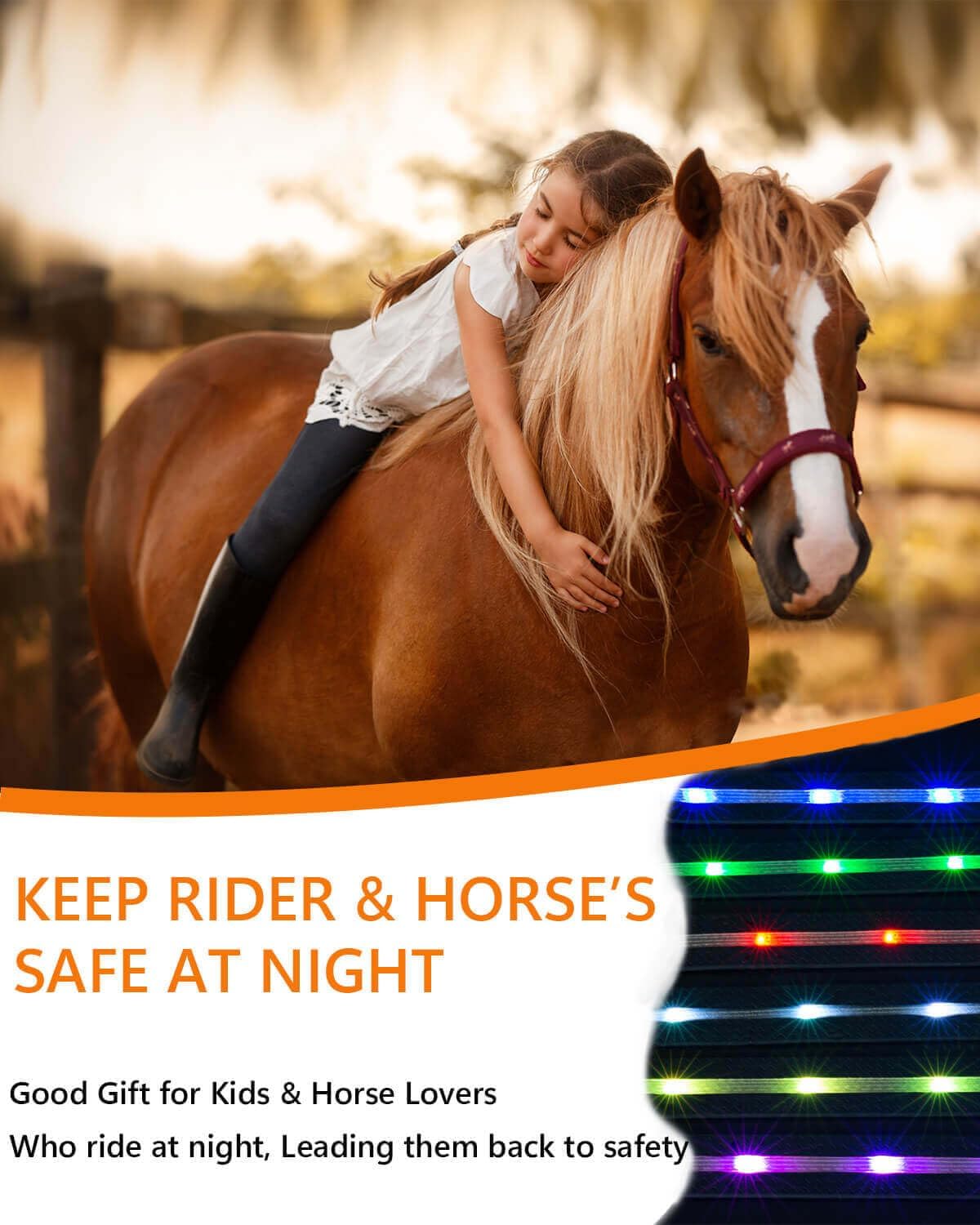 Collar de pectoral de caballo LED, 6 colores en 1 con luz para caballo, arnés LED recargable por USB, visibilidad y seguridad añadida para montar a