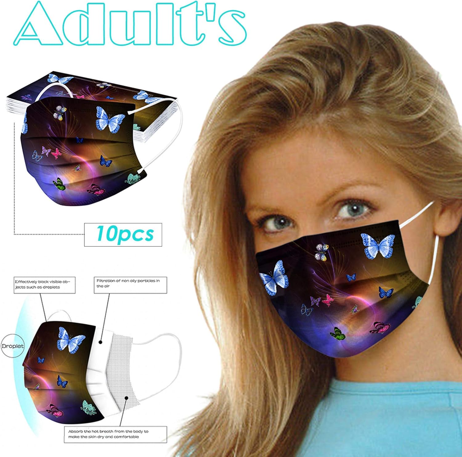 BOFFO 50 bandanas faciales con patrón de mariposa con filtro facial de 3 capas con cinta elástica para las orejas, transpirables con patrón de