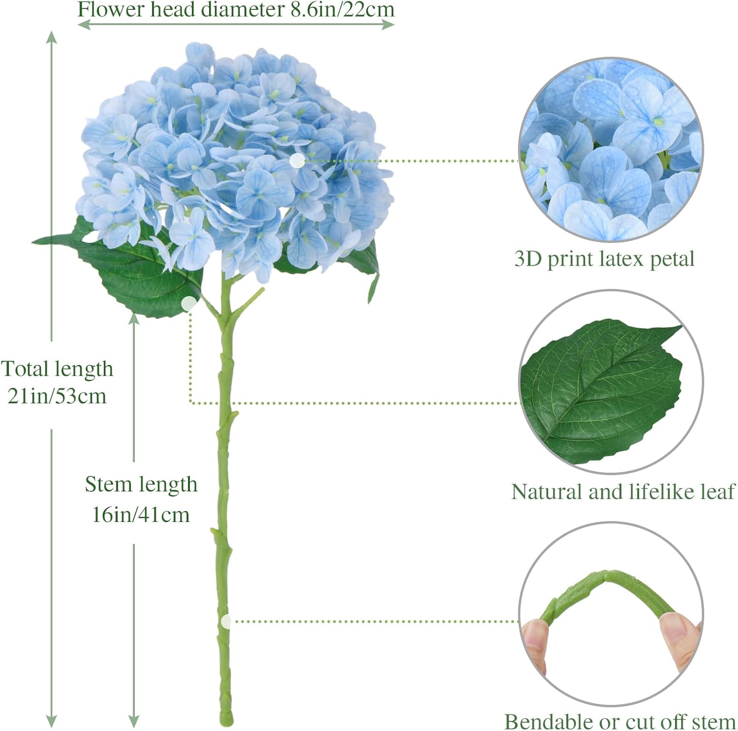 Flores de hortensias artificiales, 4 tallos de hortensias artificiales de tacto real de 21 pulgadas para regalos del día de San Valentín, bodas de