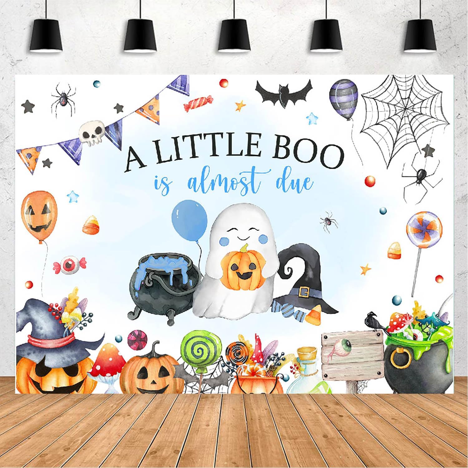 Blue A Little Boo – Telón de fondo para baby shower para niños, Halloween, calabaza, baby shower, fantasma, Halloween, baby shower, decoraciones de