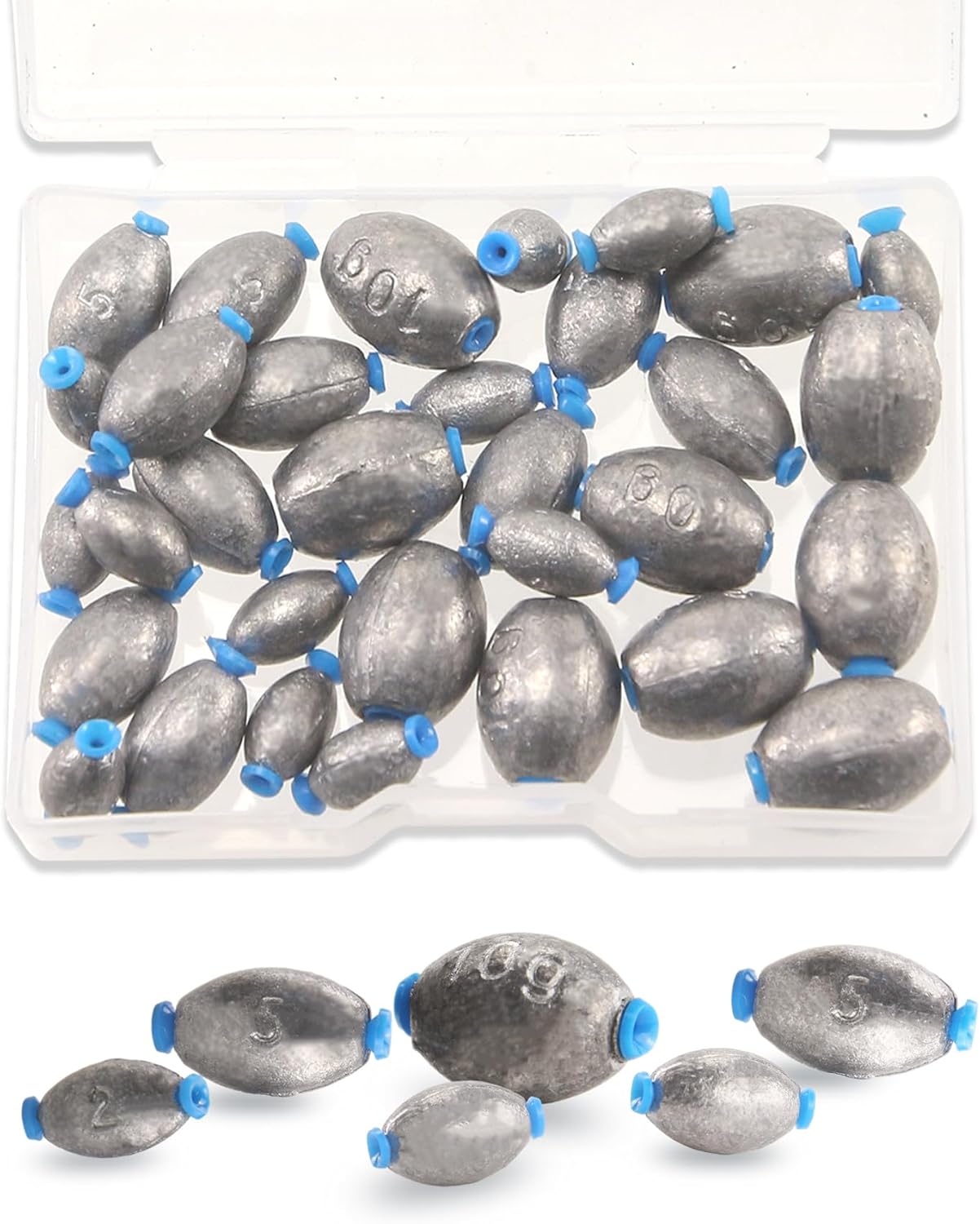 BOROLA 36 piezas de pesos de plomo de huevo en forma de olivo de pesca, accesorios de aparejos de pesca de agua salada y agua dulce, juego de pesas