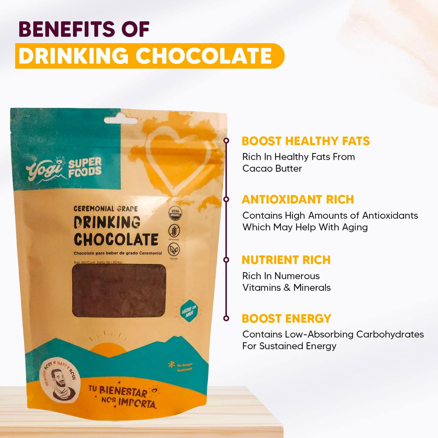 Yogi Super Foods 16 oz de chocolate de grado ceremonial para beber cacao, café alternativo sin cafeína, bebida de cacao orgánico sin azúcar,
