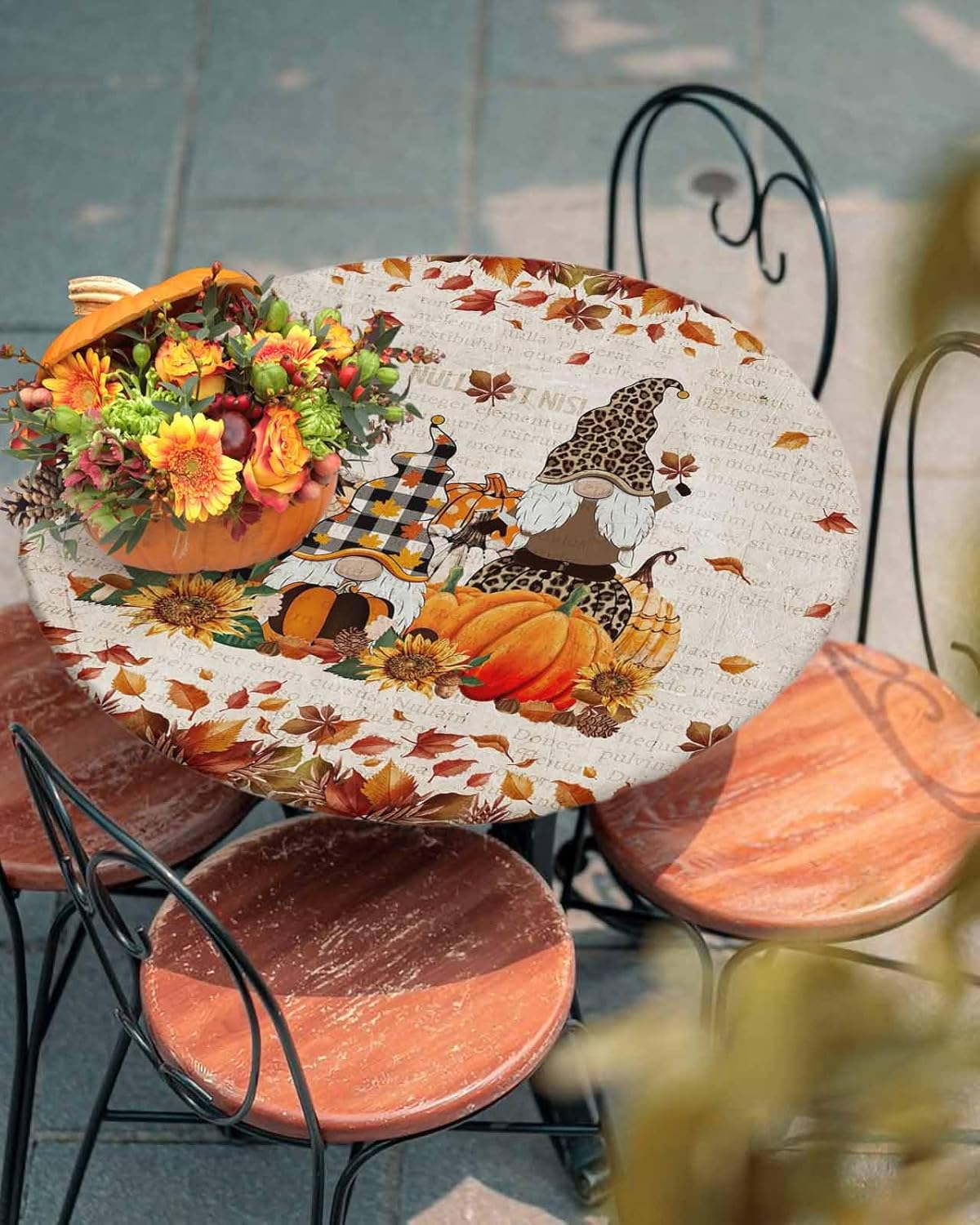 Mantel redondo ajustable con diseño de calabazas de gnomo de Acción de Gracias para mesas de comedor, diseño de hojas de arce con diseño de girasol,