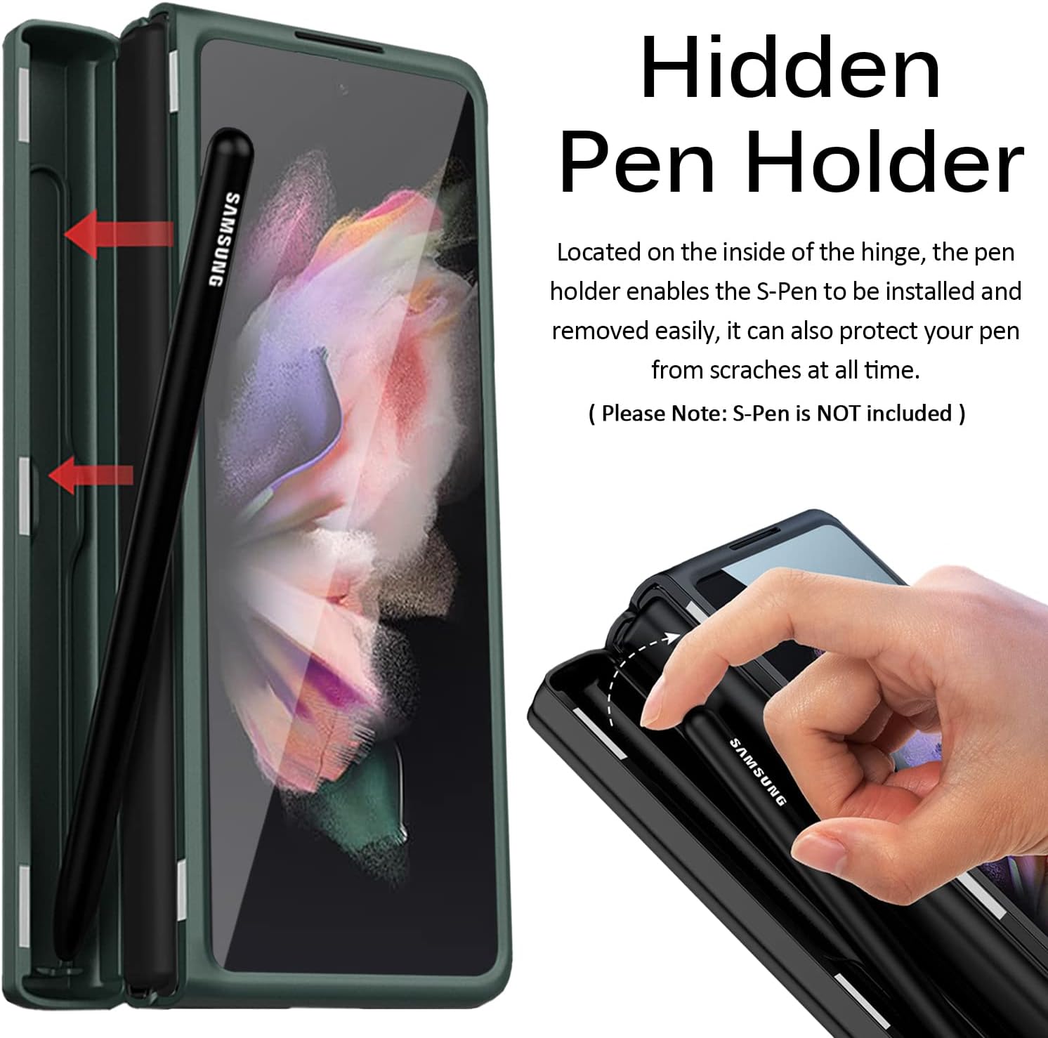 Miimall Funda compatible con Z Fold 3 con soporte para bolígrafo, protector de pantalla Z Fold 3, aleación con función atril magnética, bisagra