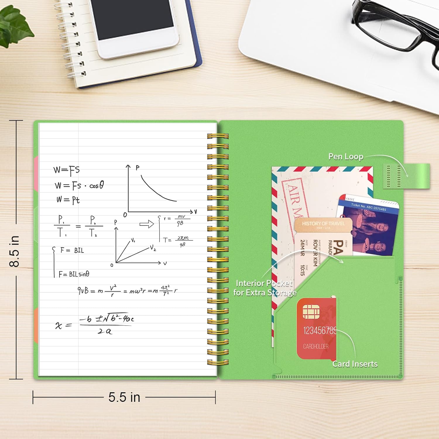 ALLTREE – Cuaderno de 5 asignaturas con rayas universitarias, espiral de 5 materias con 4 divisores y pestañas de colores, 200 páginas, suministros