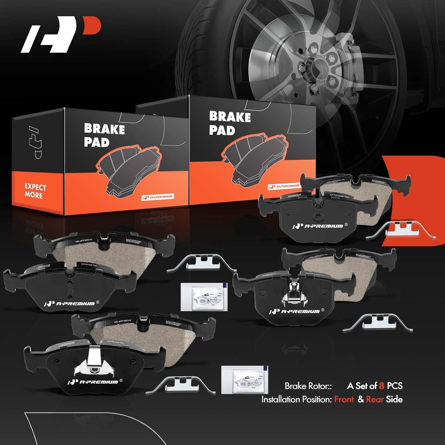 A-Premium Juego de pastillas de freno de disco de cerámica delanteras y traseras compatibles con BMW 330Ci 2001-2006 3.0L, 330i330xi 2001-2005 3.0L,