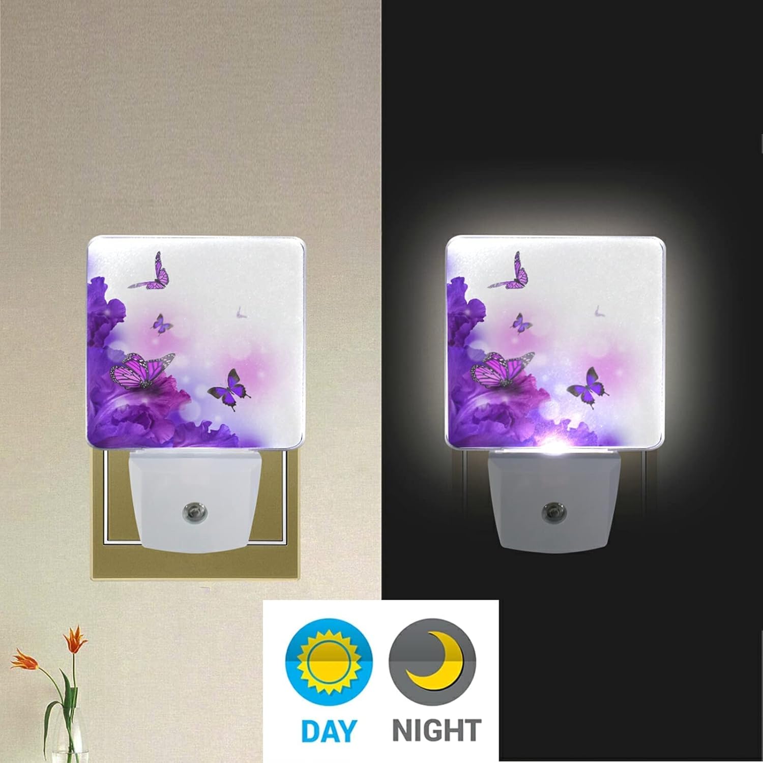 ALAZA Juego de 2 luces de noche de flores moradas, tulipán de mariposa, luces LED de noche enchufables automáticas del atardecer al amanecer,