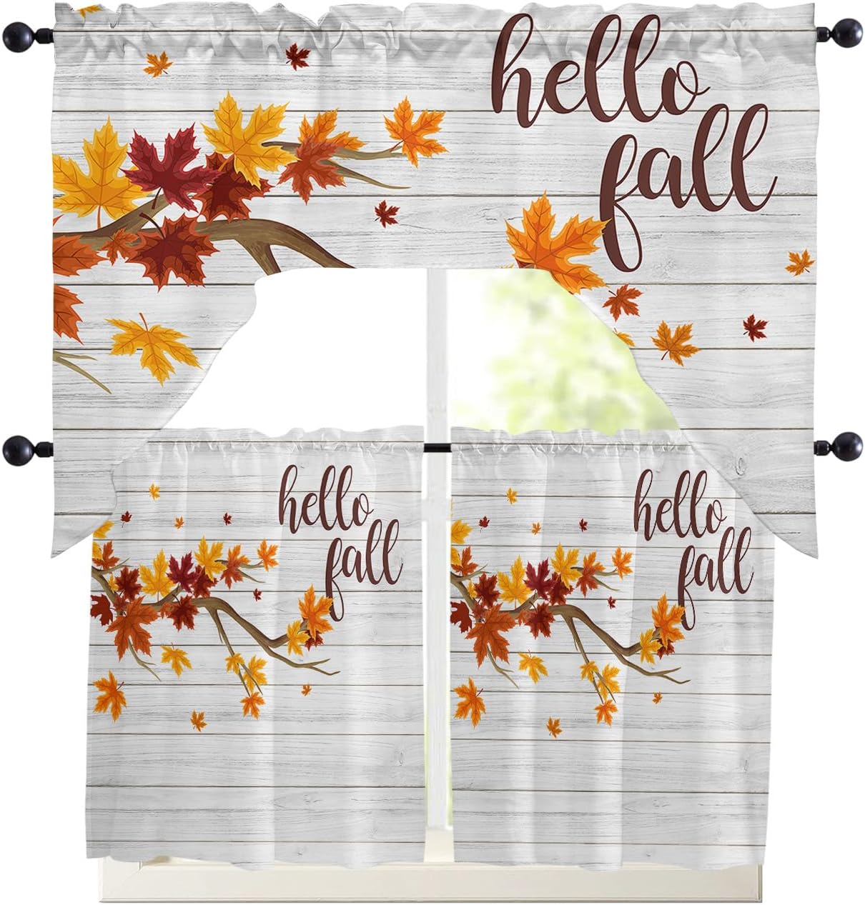 Juego de 3 cortinas y cenefas de cocina, cortinas cortas de otoño con bolsillo para barra, cortinas de ventana de granero de madera para decoración