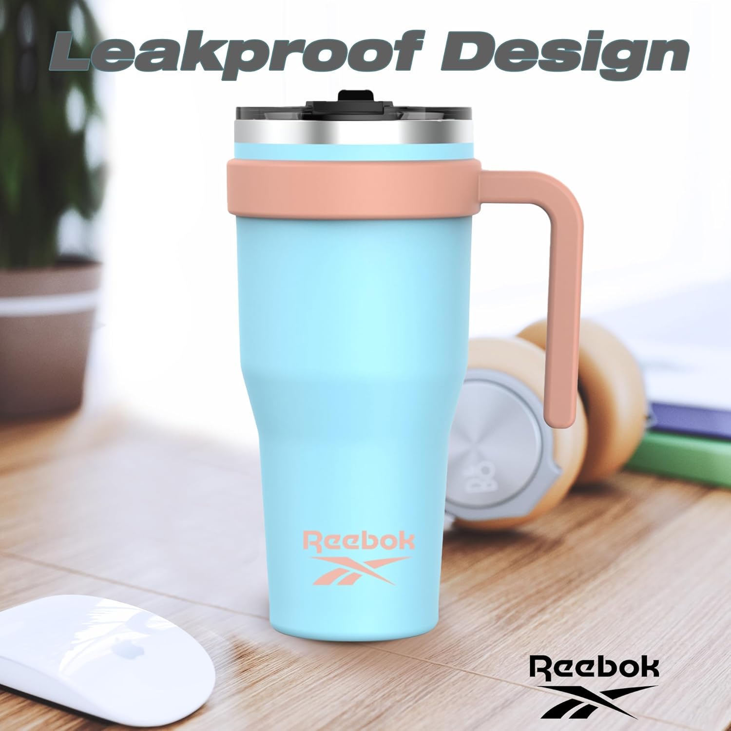 Reebok Vaso de acero inoxidable con asa, vaso de 40 onzas en dos tonos, vaso de doble pared aislado al vacío, vaso a prueba de fugas para hombres y