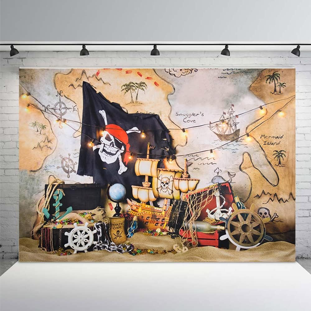 MEHOFOND Fondo de fotos de mapa del tesoro pirata de 7 x 5 pies para niños, isla de cumpleaños, mapa del tesoro, decoración de fiesta de cumpleaños,