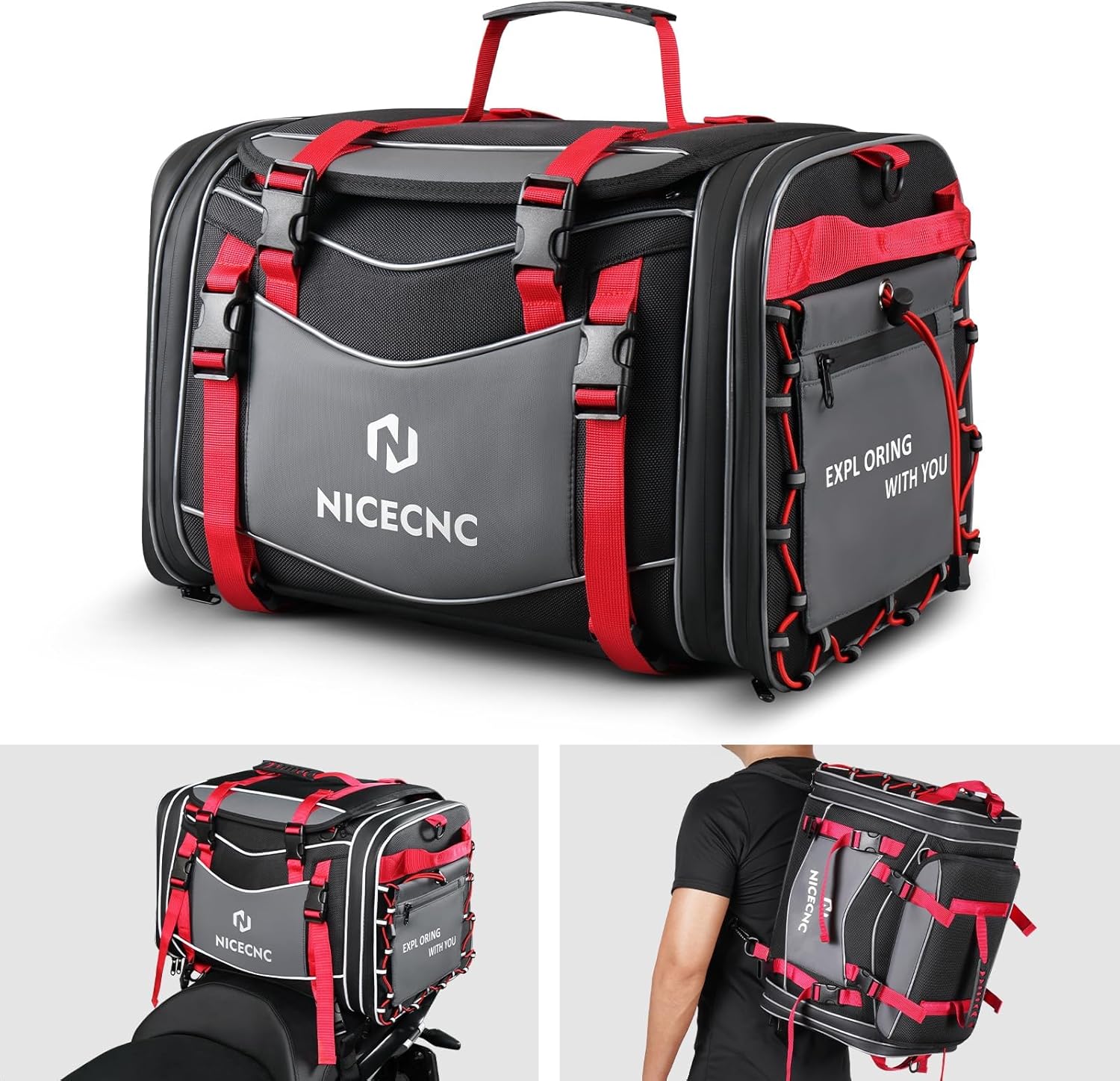 NICECNC Bolsa de equipaje para motocicleta, bolsa de asiento trasero de motocicleta expandible de 53 litros, bolsa universal de almacenamiento para