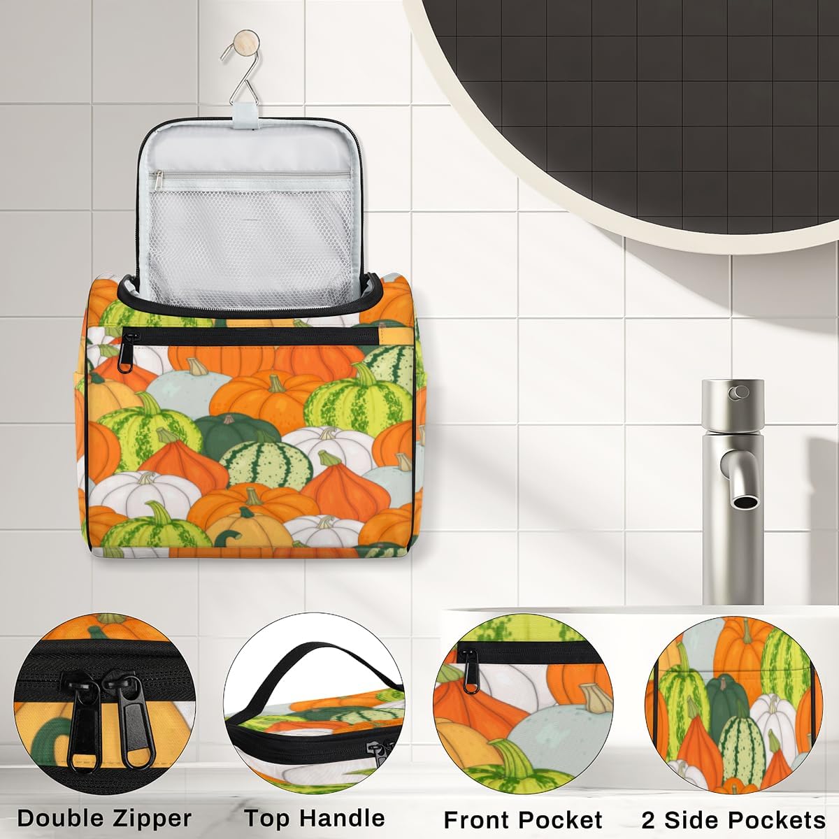 Thanksgiving Day Decor Theme Toiletry Bag for Women Travel Makeup Organizer with Hanging Hook Traveling Cosmetic Bags for Toiletries Accessories