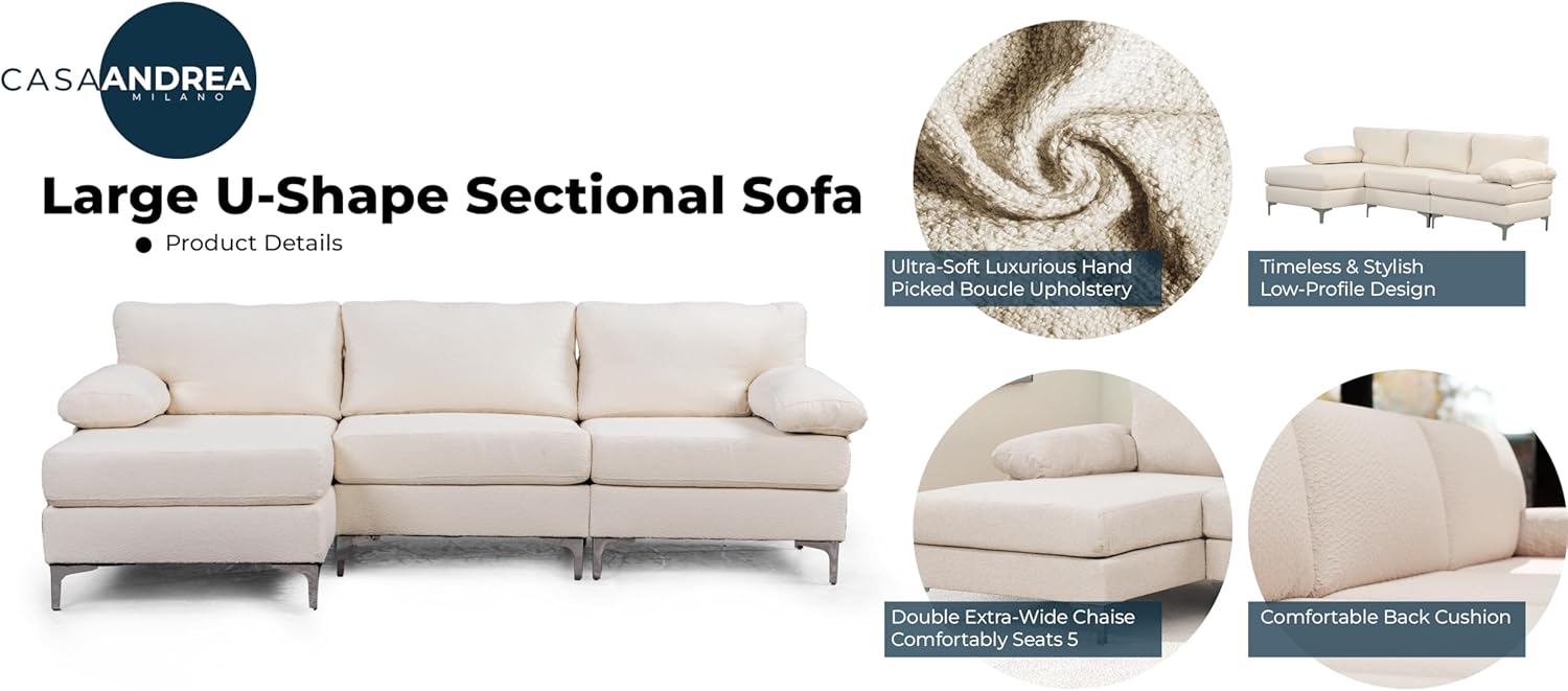 Casa Andrea Milano BOUCLÉ – Sofá modular en forma de L, sofá de lujo con diván extra ancho, sofá para sala de estar, apartamento, salón, color crema
