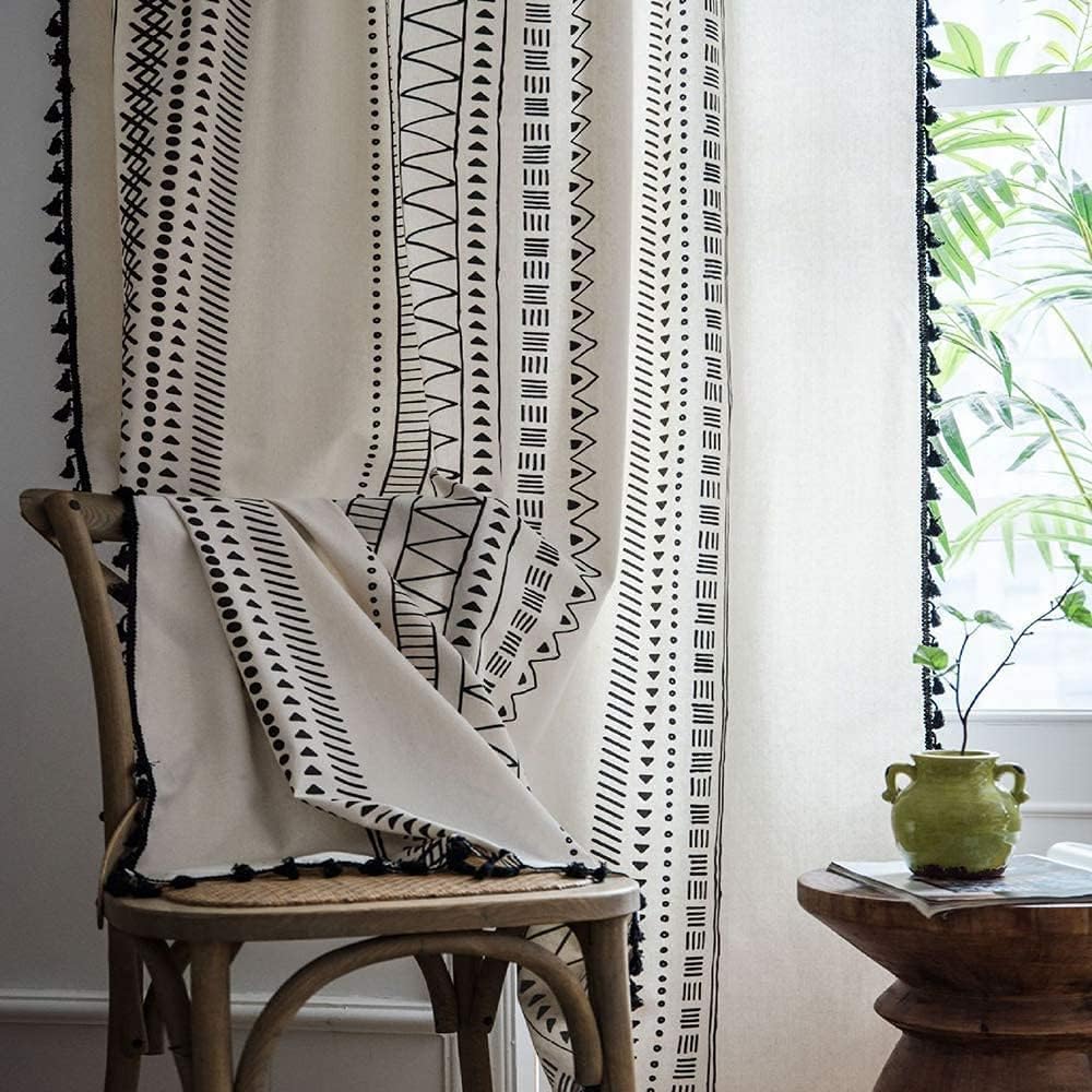 Cortinas negras y blancas de 63 pulgadas de largo, 2 paneles de cortinas bohemias de granja para sala de estar, cortinas geométricas de algodón y