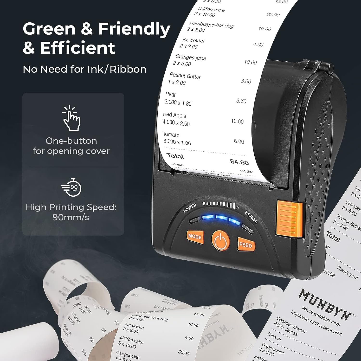 MUNBYN Impresora de recibos Bluetooth IMP001 Impresora POS para pequeñas empresas, restaurante, supermercado, comando ESCPOS, para Windows, Android
