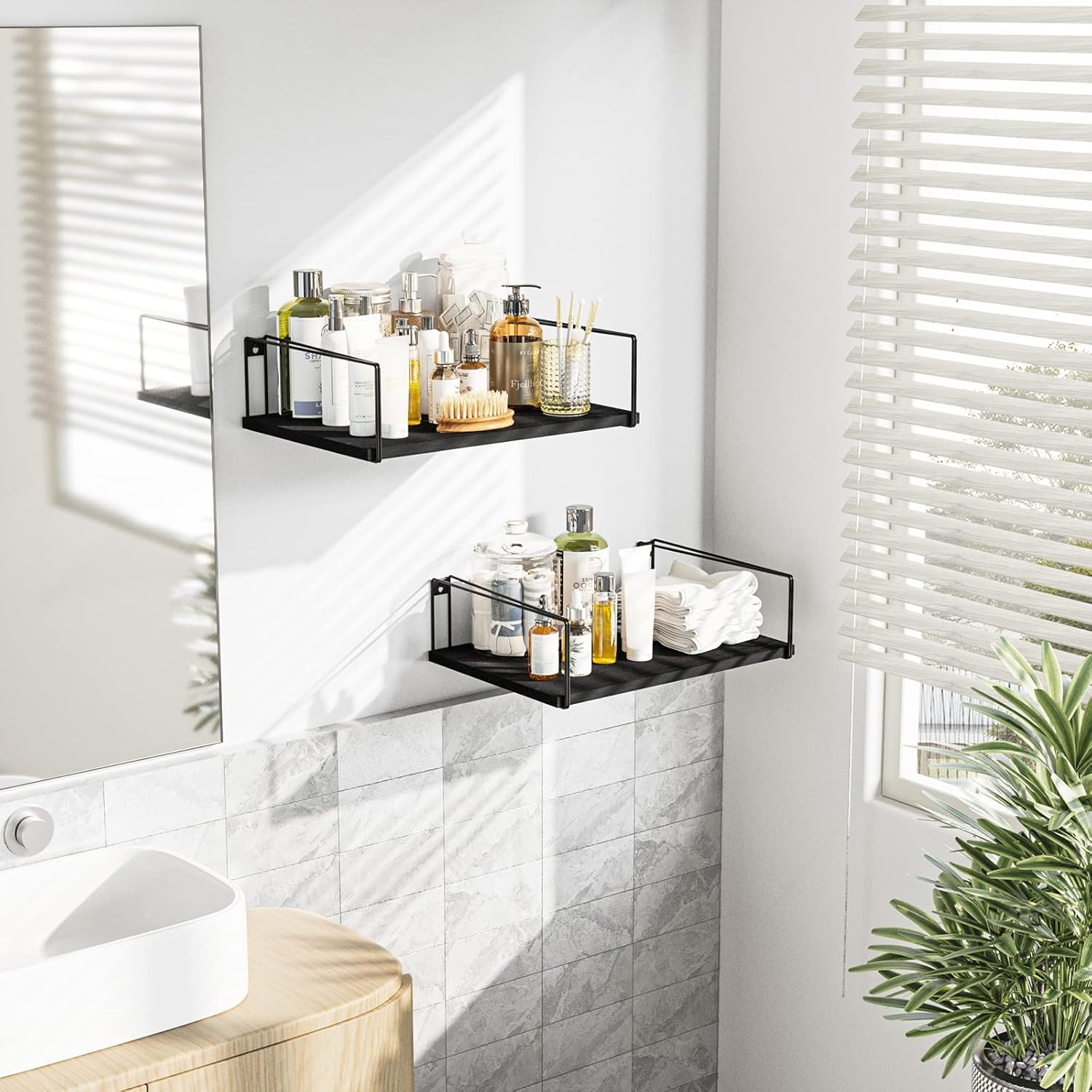 SRIWATANA Estantes flotantes anchos, juego de 2 estantes de pared de madera rústica, estantes montados en la pared con gran capacidad para
