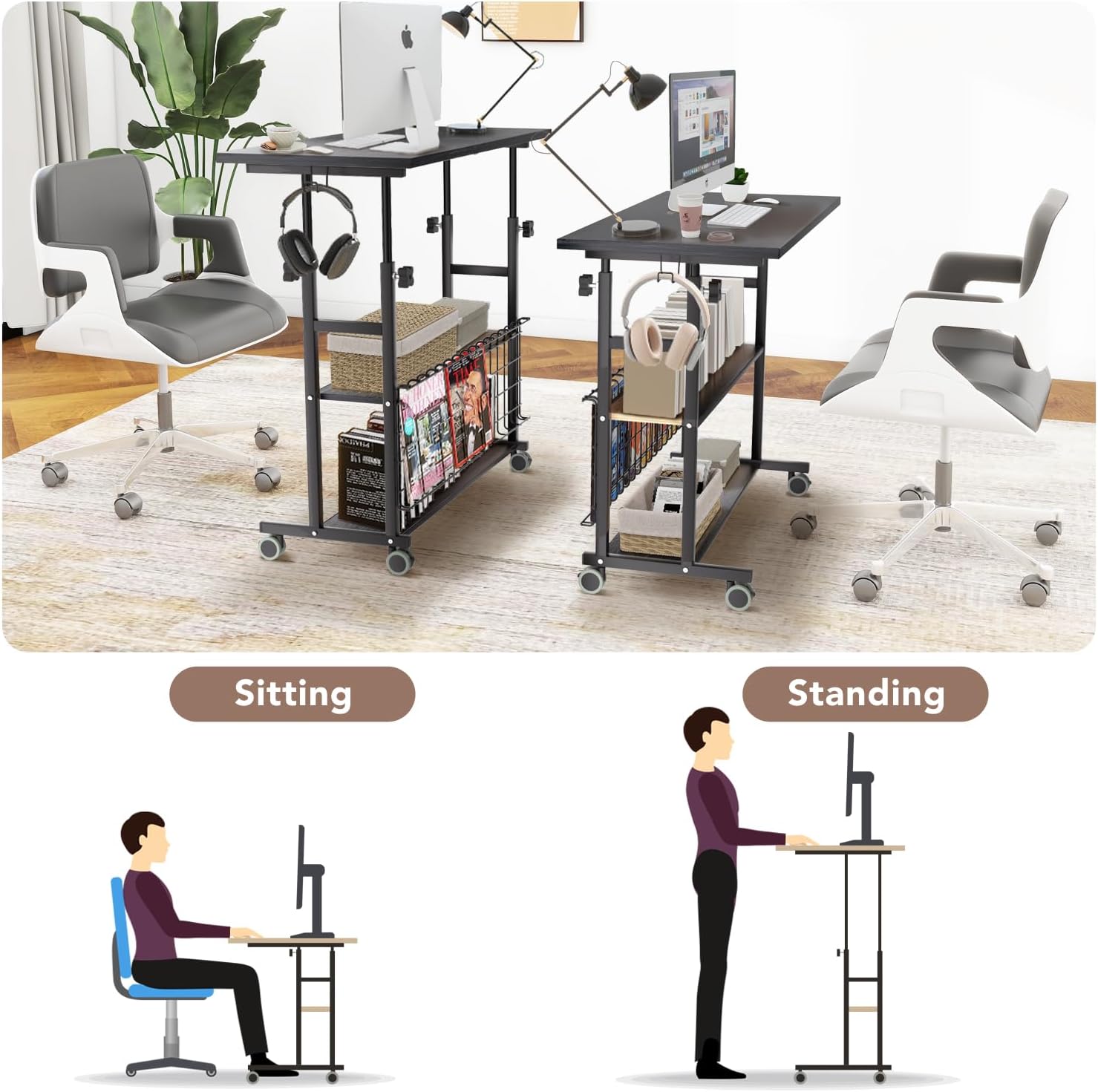 AIZ Almacenamiento para portátil para espacios pequeños, mesa móvil con ruedas para sofá, dormitorio, escritorio portátil para estudiantes, color