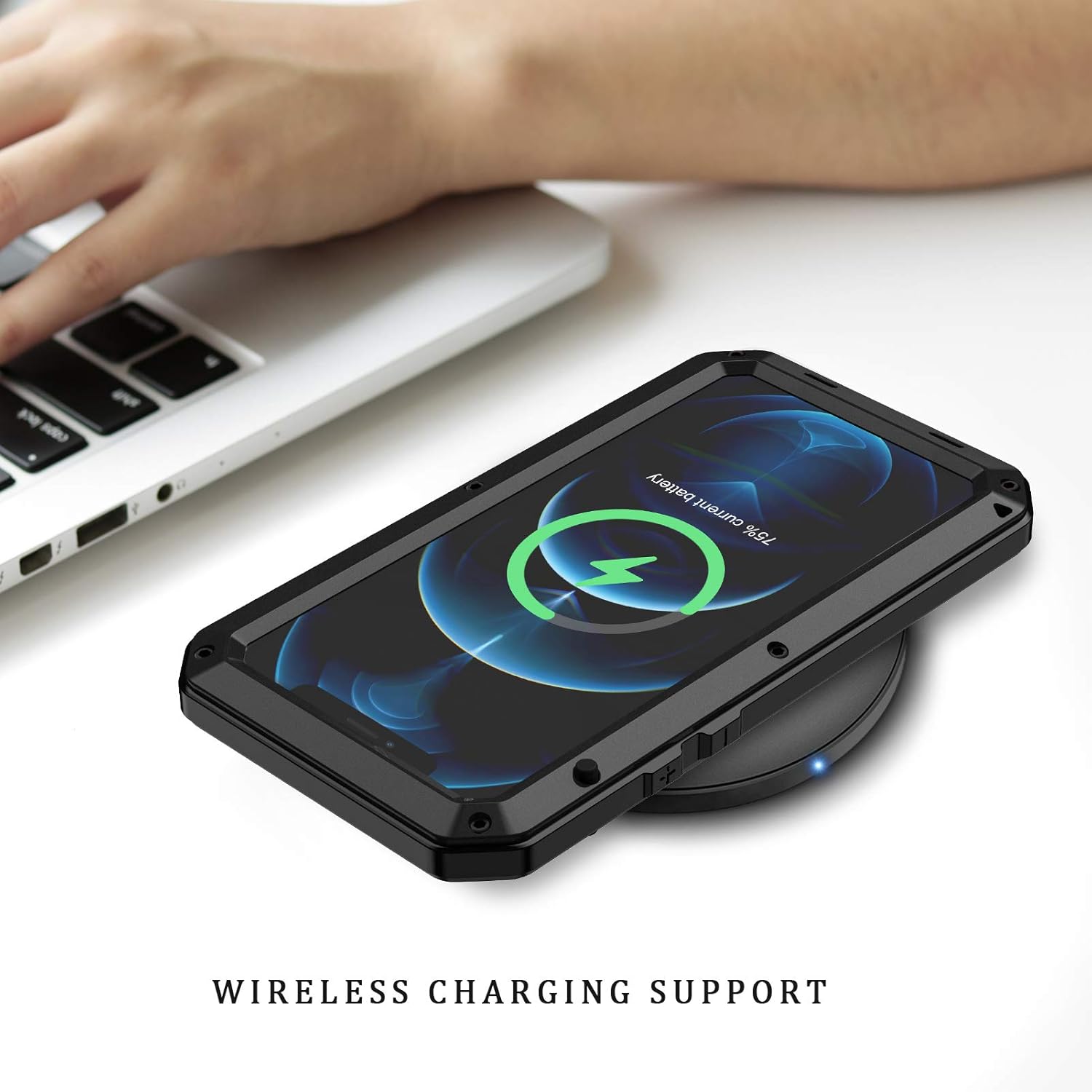 Lanhiem Funda de metal para iPhone 12, iPhone 12 Pro, resistente a los golpes, con protector de pantalla de vidrio integrado, funda protectora 360 a