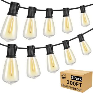 Vocevos Guirnalda de luces LED para exteriores, paquete de 2 unidades de 100 pies con 100 bombillas Edison vintage ST38 impermeables e Vocevos Guirnalda de luces LED para exteriores, paquete de 2 unidades de 100 pies con 100 bombillas Edison vintage ST38 impermeables e