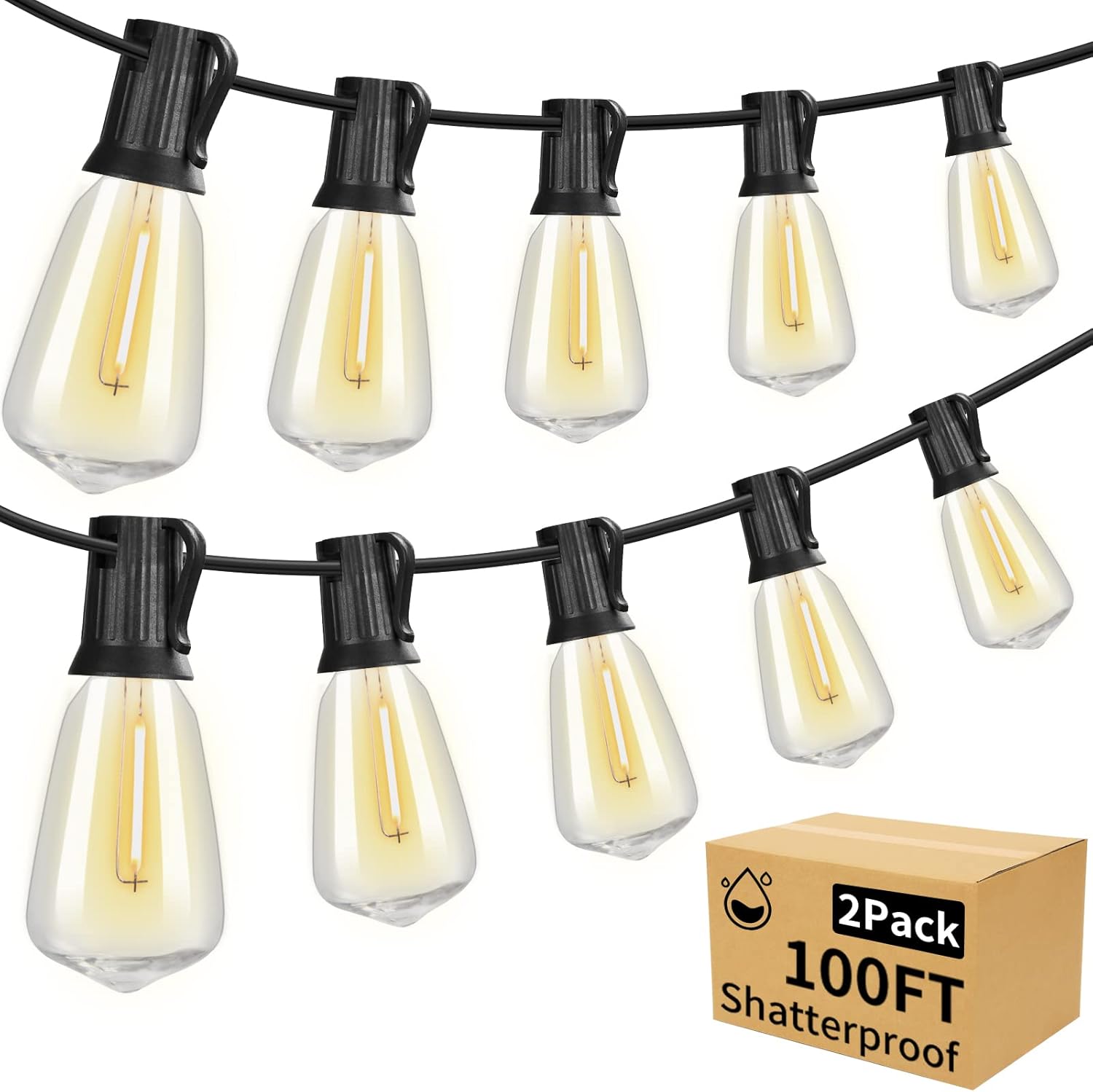 Vocevos Guirnalda de luces LED para exteriores, paquete de 2 unidades de 100 pies con 100 bombillas Edison vintage ST38 impermeables e