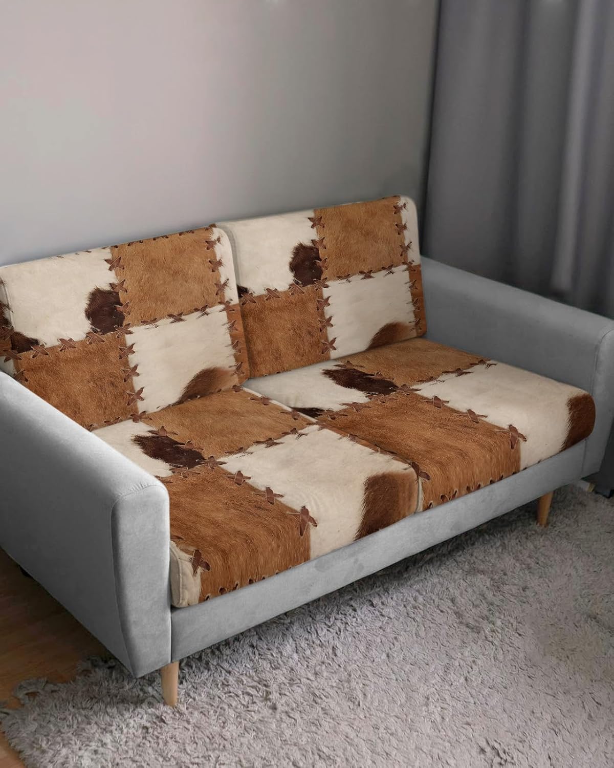 Fundas de cojín para sofá, diseño de retazos, textura de pelo de vaca con estampado de animales vintage, elásticas para sofá, fundas protectoras de